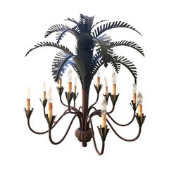 Vintage Currey & Co. 12-Light Tole Metal Palm Tree Chandelier