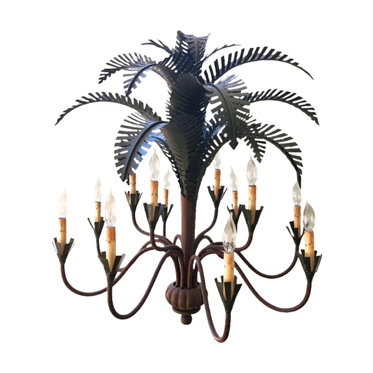 Currey and Co. 12Light Tole Metal Palm Tree Chandelier For Sale at 1stDibs