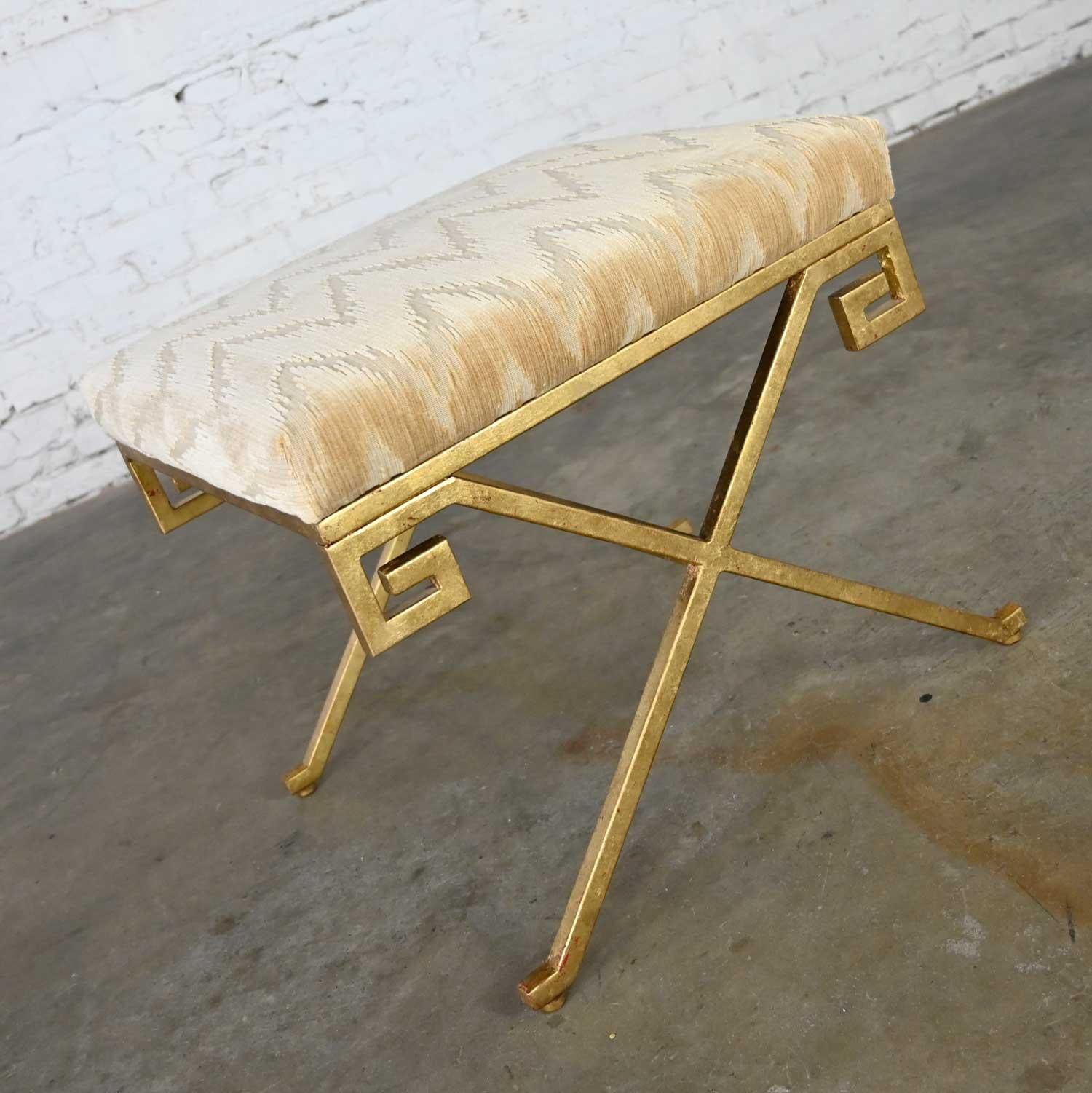 Contemporary Currey & Co. Circe Ottoman Bench Stool Greek Key Lee Jofa Flamestitch Velvet