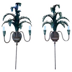 Currey & Company Coastal Regency Sculptural Metal Tole Palm Leaf Wall Sconces