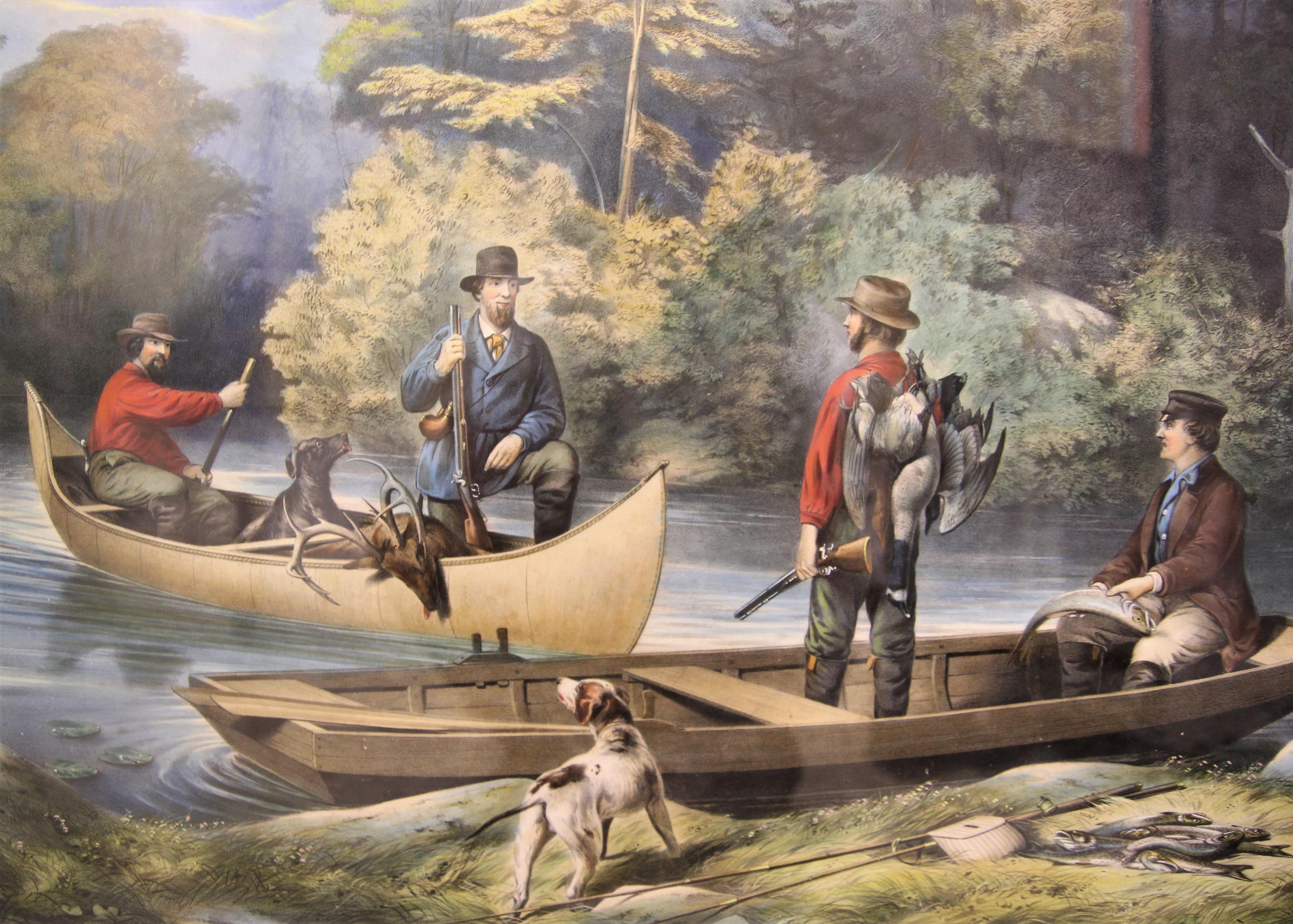 “Life in the Woods Returning to Camp” 19th Century Hand Colored Lithograph - Print by Currier and Ives