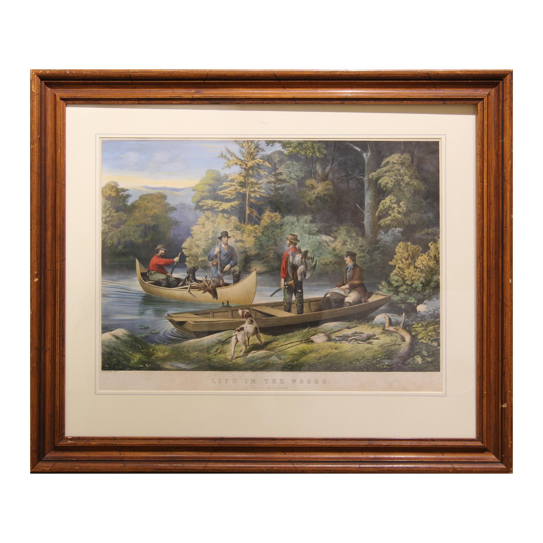 Currier and Ives Landscape Print - “Life in the Woods Returning to Camp” 19th Century Hand Colored Lithograph