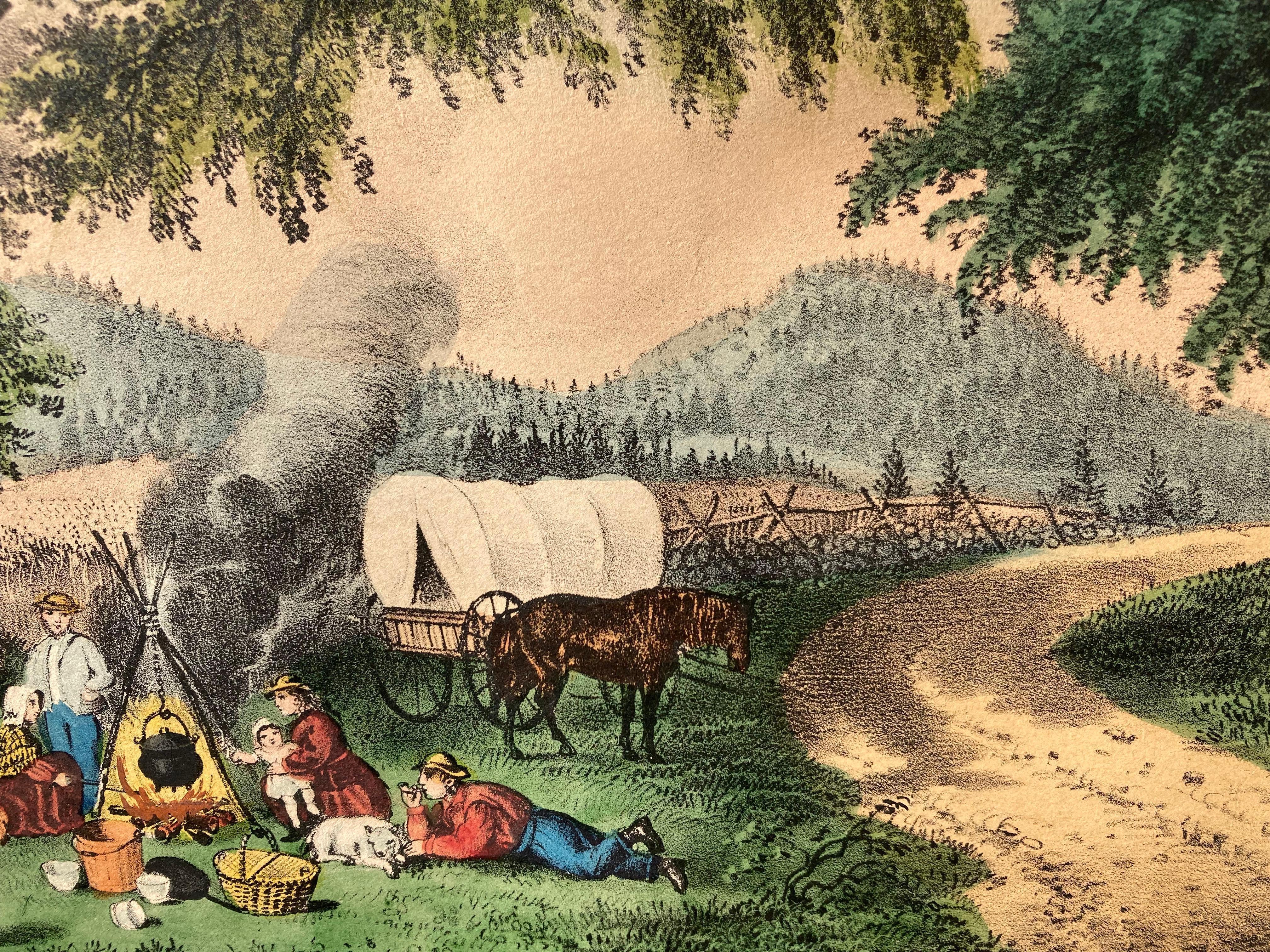 A HALT BY THE WAYSIDE - Gray Landscape Print by Currier & Ives