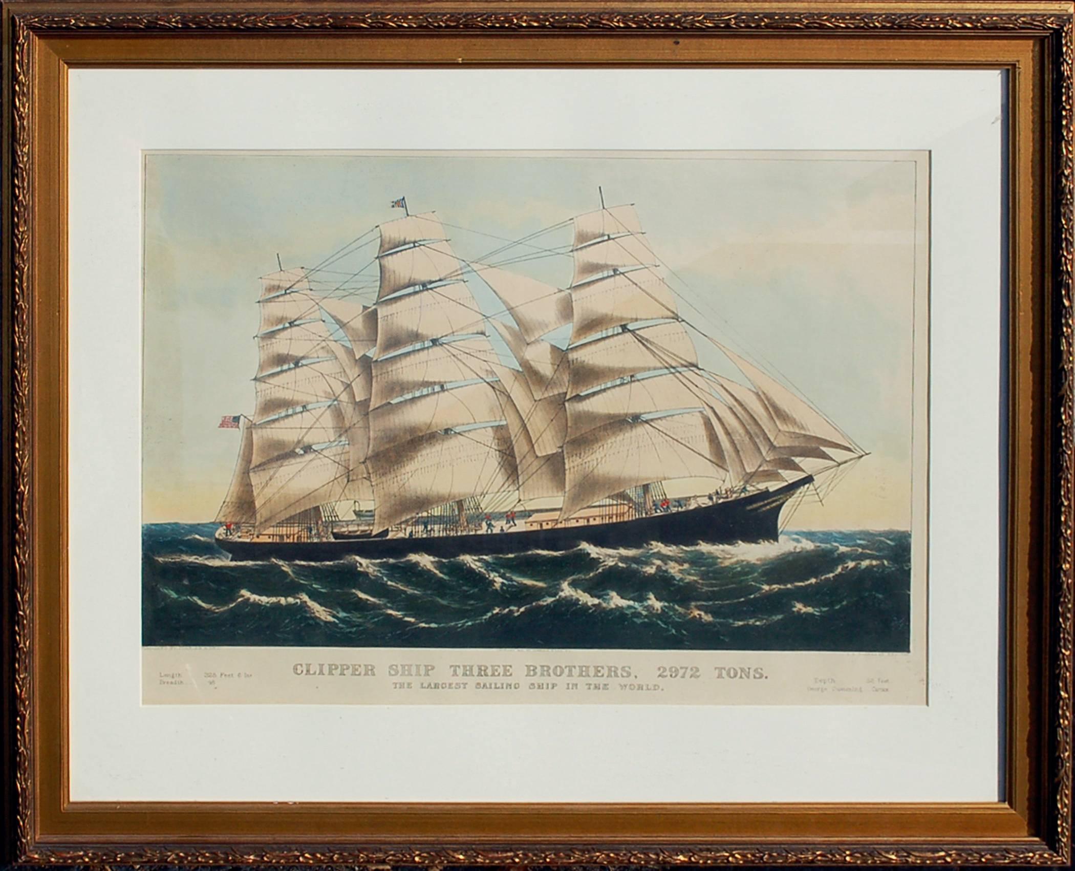 Clipper Ship THREE BROTHERS, 2972 tons. The Largest Sailing Ship in the World. - Print by Currier & Ives