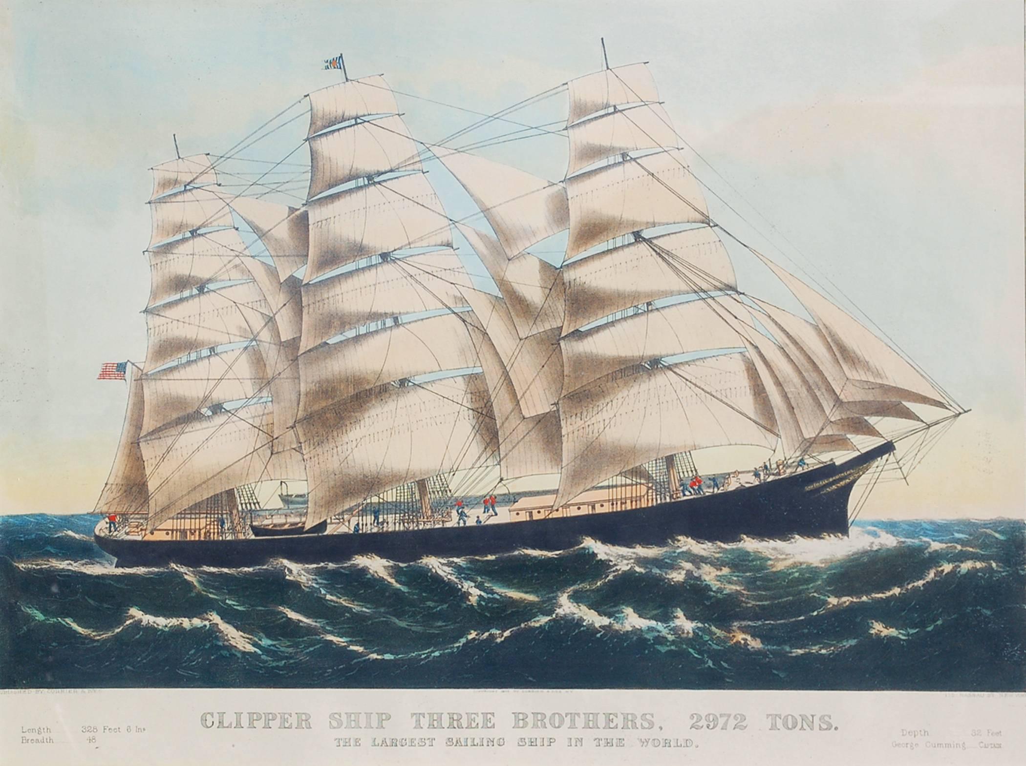 Currier & Ives Print - Clipper Ship THREE BROTHERS, 2972 tons. The Largest Sailing Ship in the World.