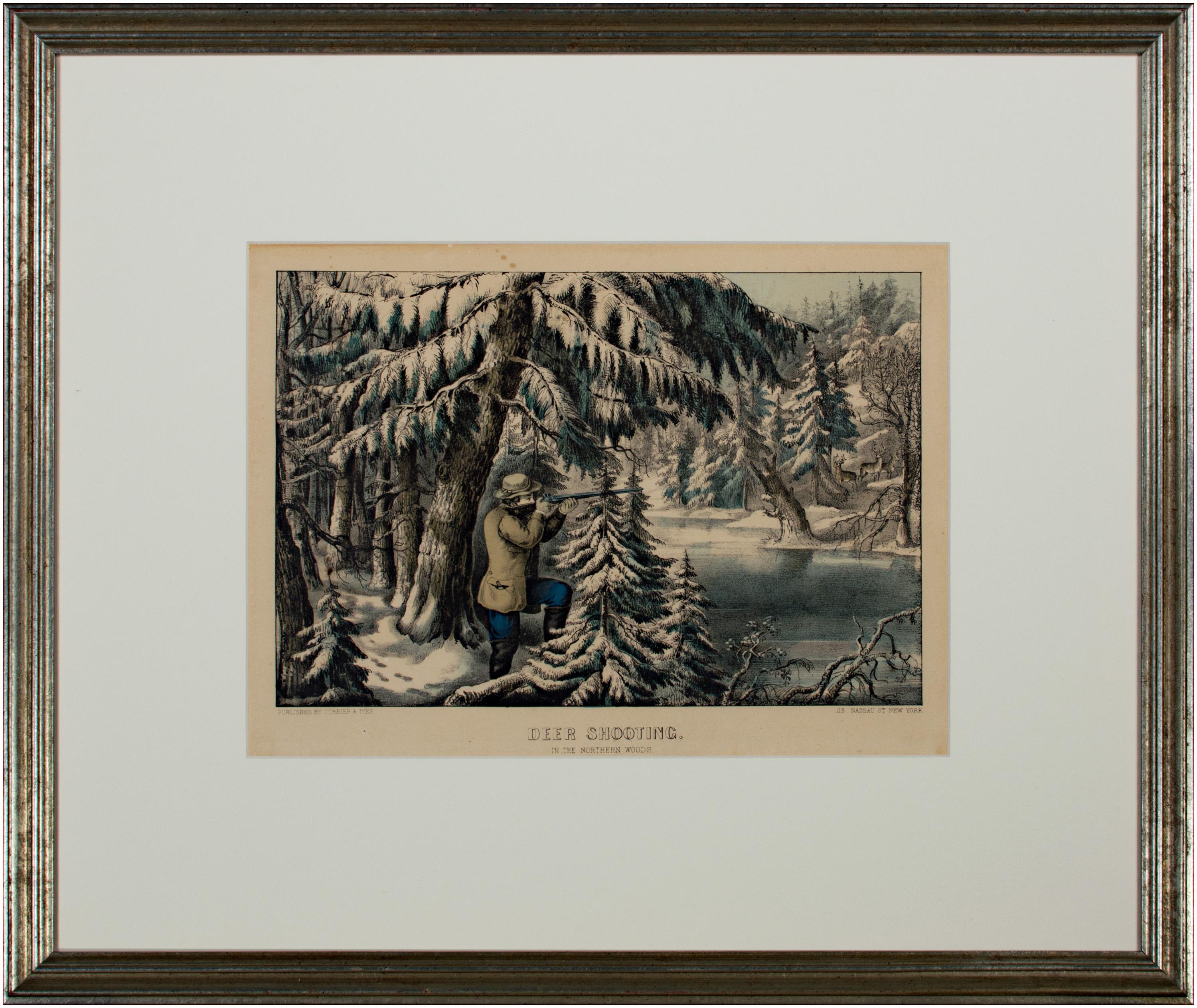 Landscape Print Currier & Ives - "La chasse aux cerfs dans les bois du Nord", lithographie colorée à la main 