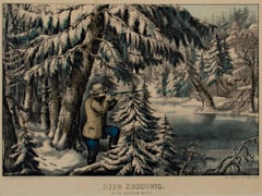 "Deer Shooting in the Northern Woods", Lithographie colorée à la main par Currier & Ives