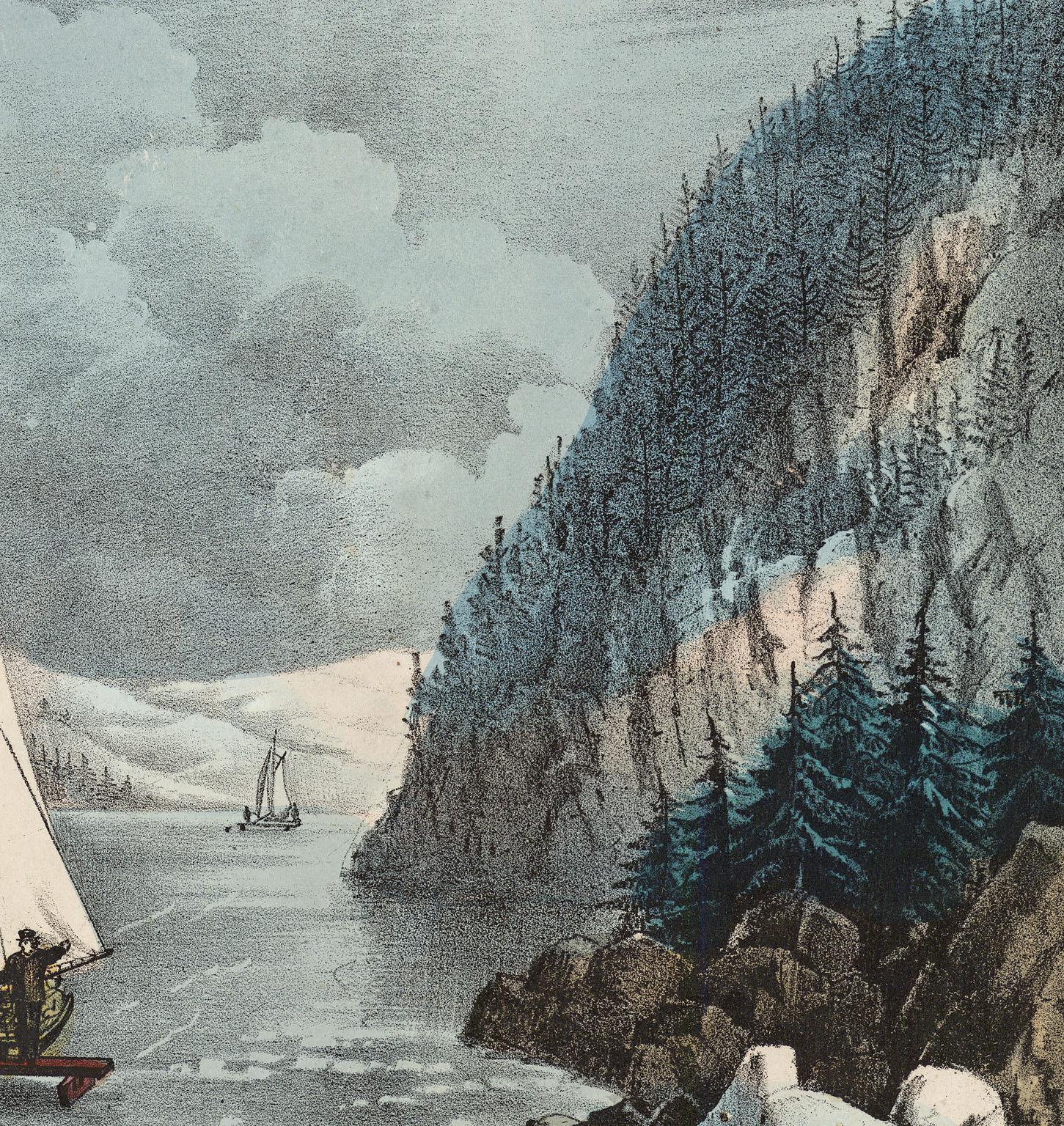 Ice-Boat Race on the Hudson. - Gray Landscape Print by Currier & Ives