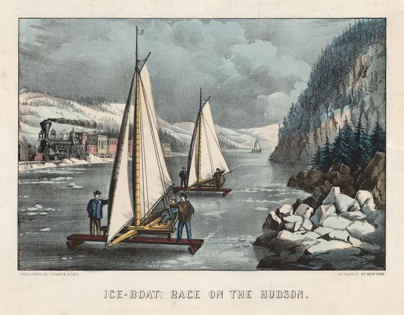 Currier & Ives Landscape Print - Ice-Boat Race on the Hudson.