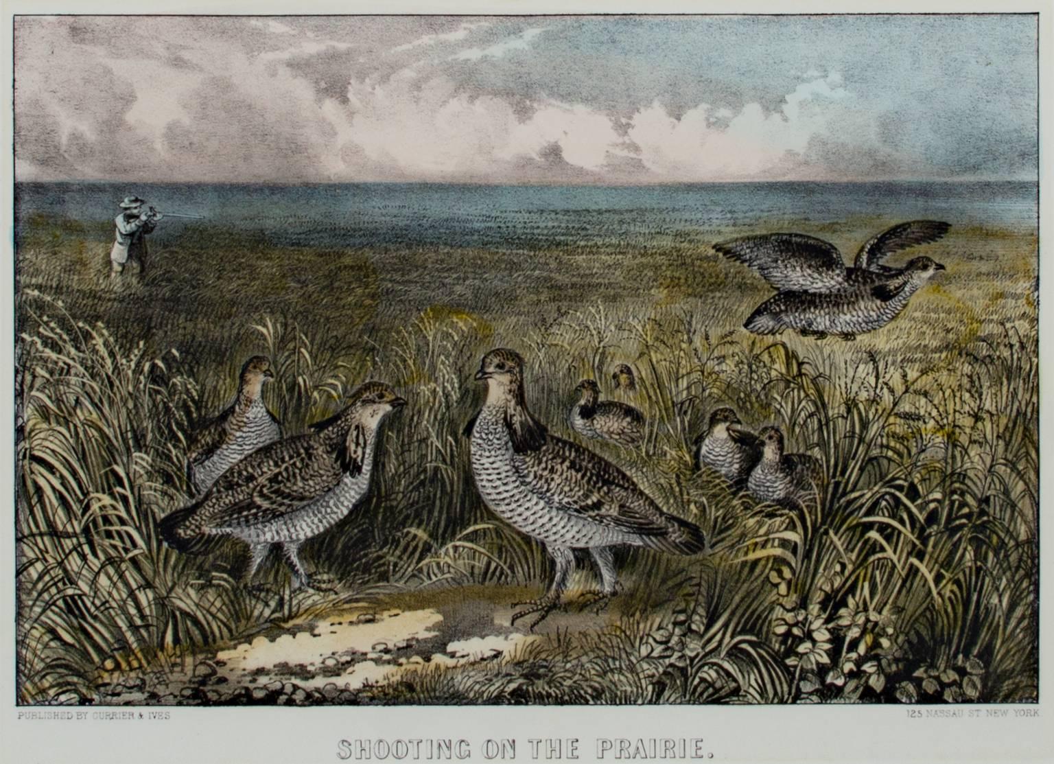 Currier & Ives Landscape Print - 19th century color lithograph birds landscape nature grass sky water figure