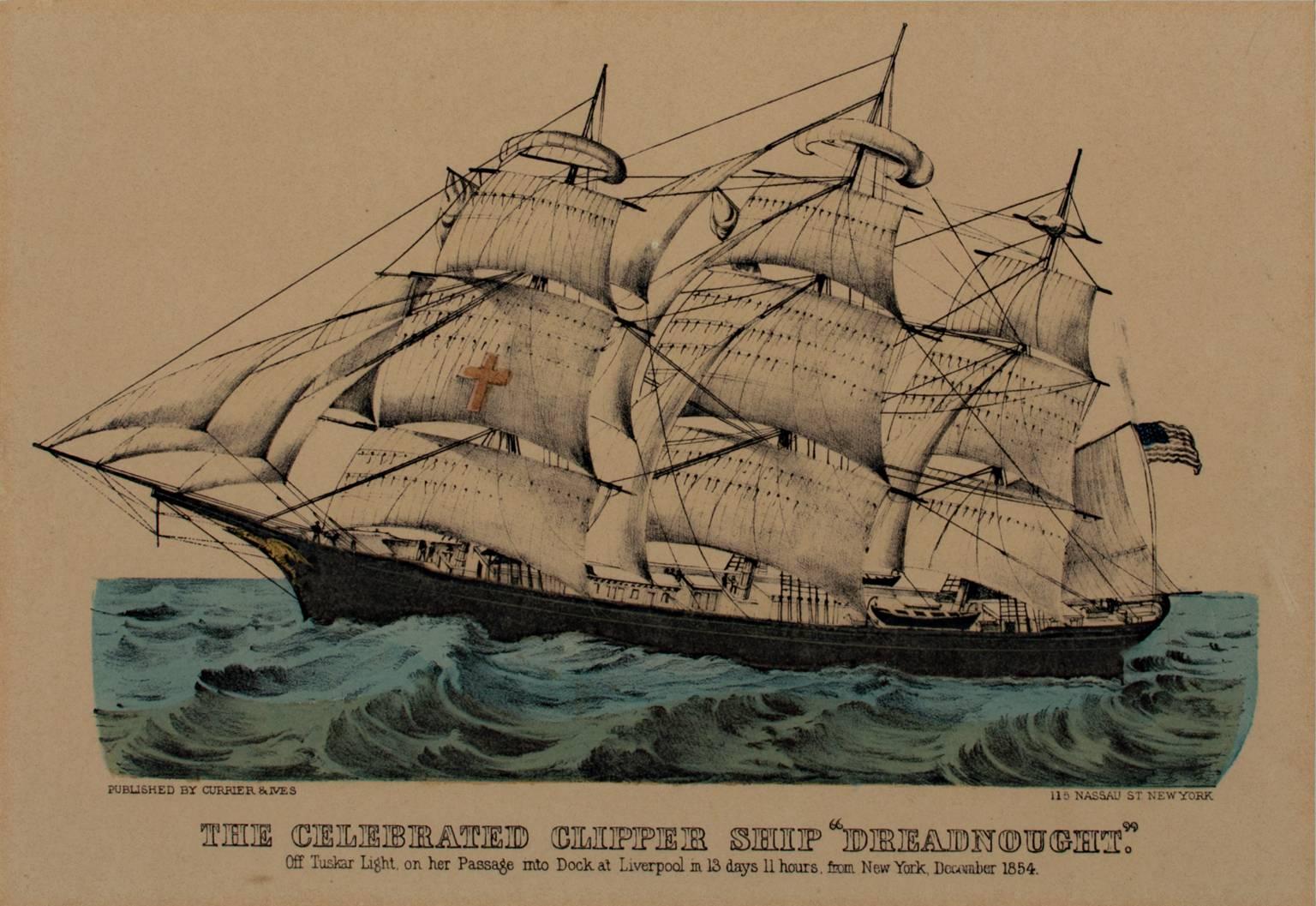 "The Celebrated Clipper Ship Dreadnought" ist eine original handkolorierte Lithographie von Currier & Ives. Es stellt ein Segelschiff dar. 

13 1/4" x 17 1/2" Kunst
19" x 23 1/2" Rahmen

Nathaniel Currier war ein großer, introspektiver Mann mit