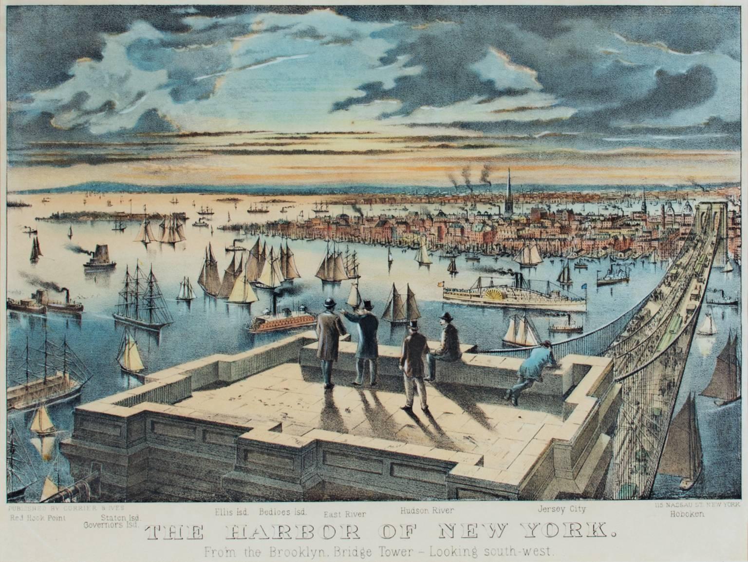 Currier & Ives Landscape Print - "The Harbor of New York, From the Brooklyn Bridge Looking Southwest, " lithograph