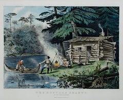 Antique "The Hunter's Shanty in the Adirondacks, " Hand-Colored Litho. by Currier & Ives