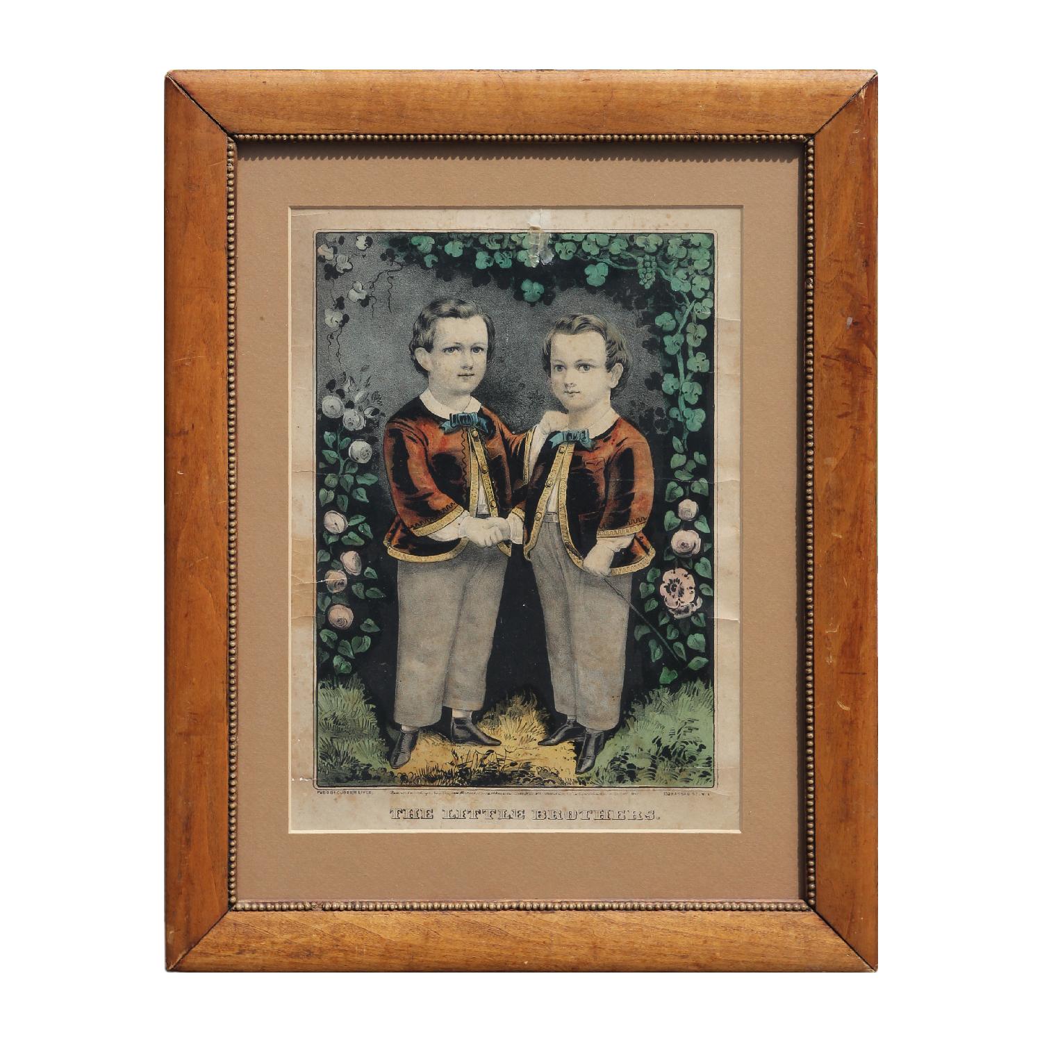 Currier & Ives Portrait Print - "The Little Brothers" Early American Hand Painted Lithograph