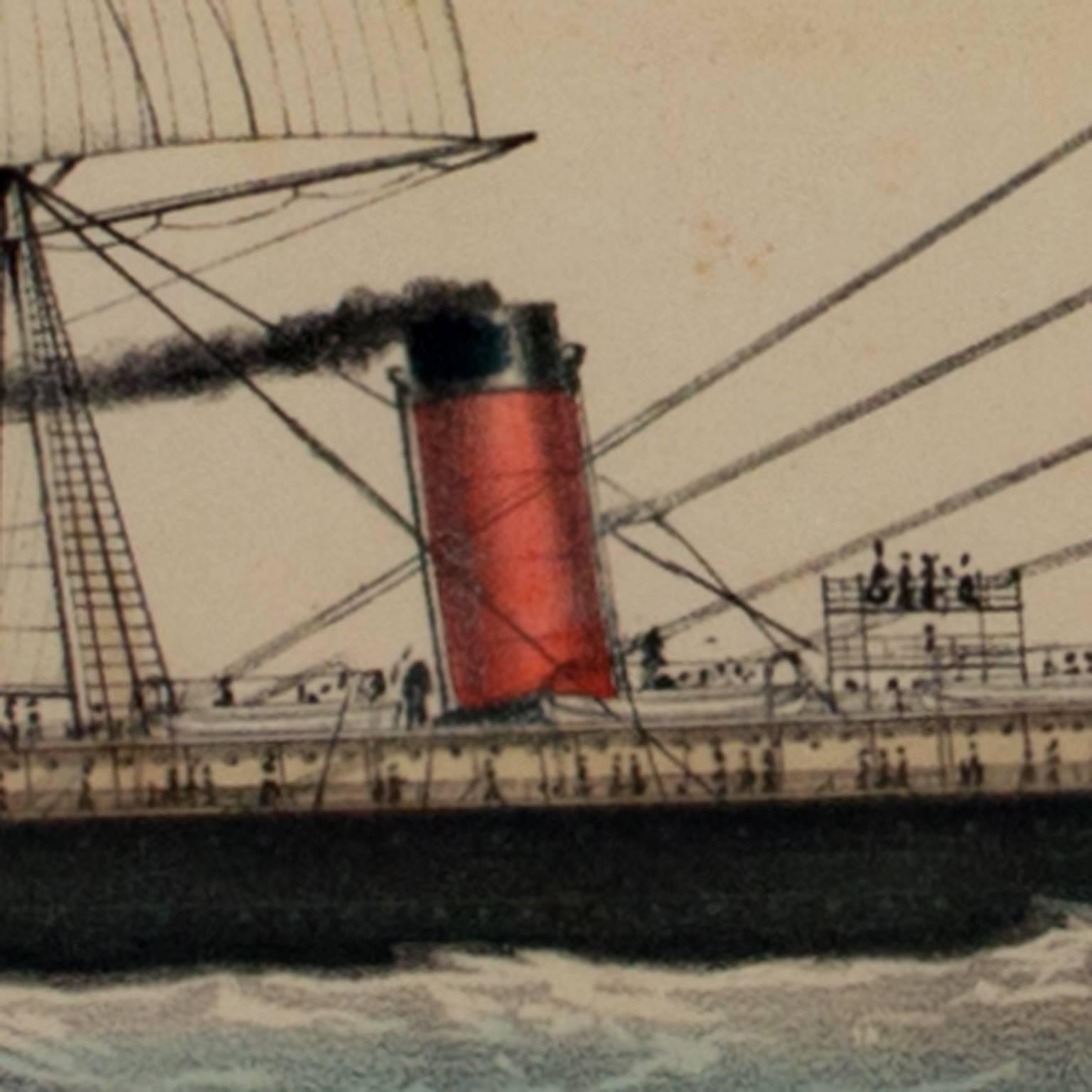 litografia a colori del XIX secolo paesaggio marino barca nave onde - Print Altro stile artistico di Currier & Ives