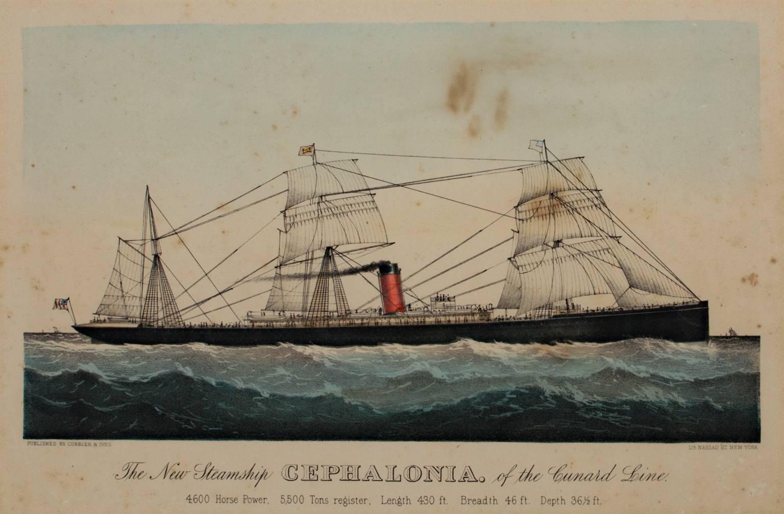 litografia a colori del XIX secolo paesaggio marino barca nave onde - Print di Currier & Ives