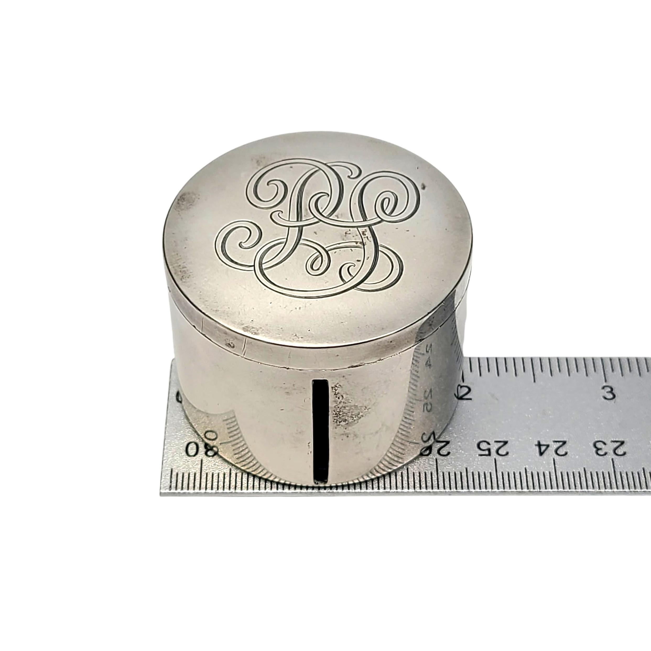 Currier and Roby Sterling Silver Round Stamp Dispenser Box with Monogram For Sale 4