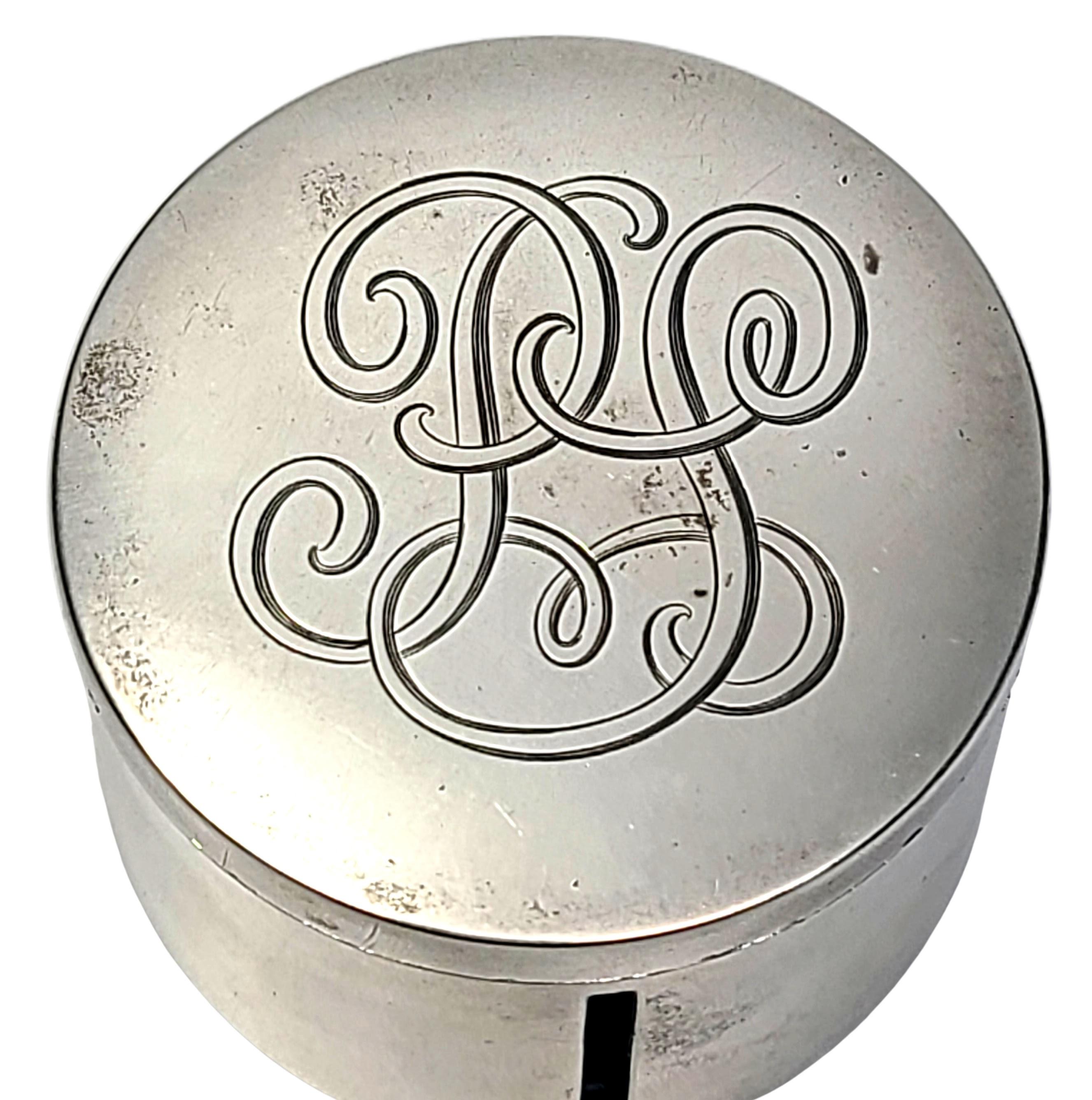 Currier and Roby Sterling Silver Round Stamp Dispenser Box with Monogram In Good Condition For Sale In Washington Depot, CT