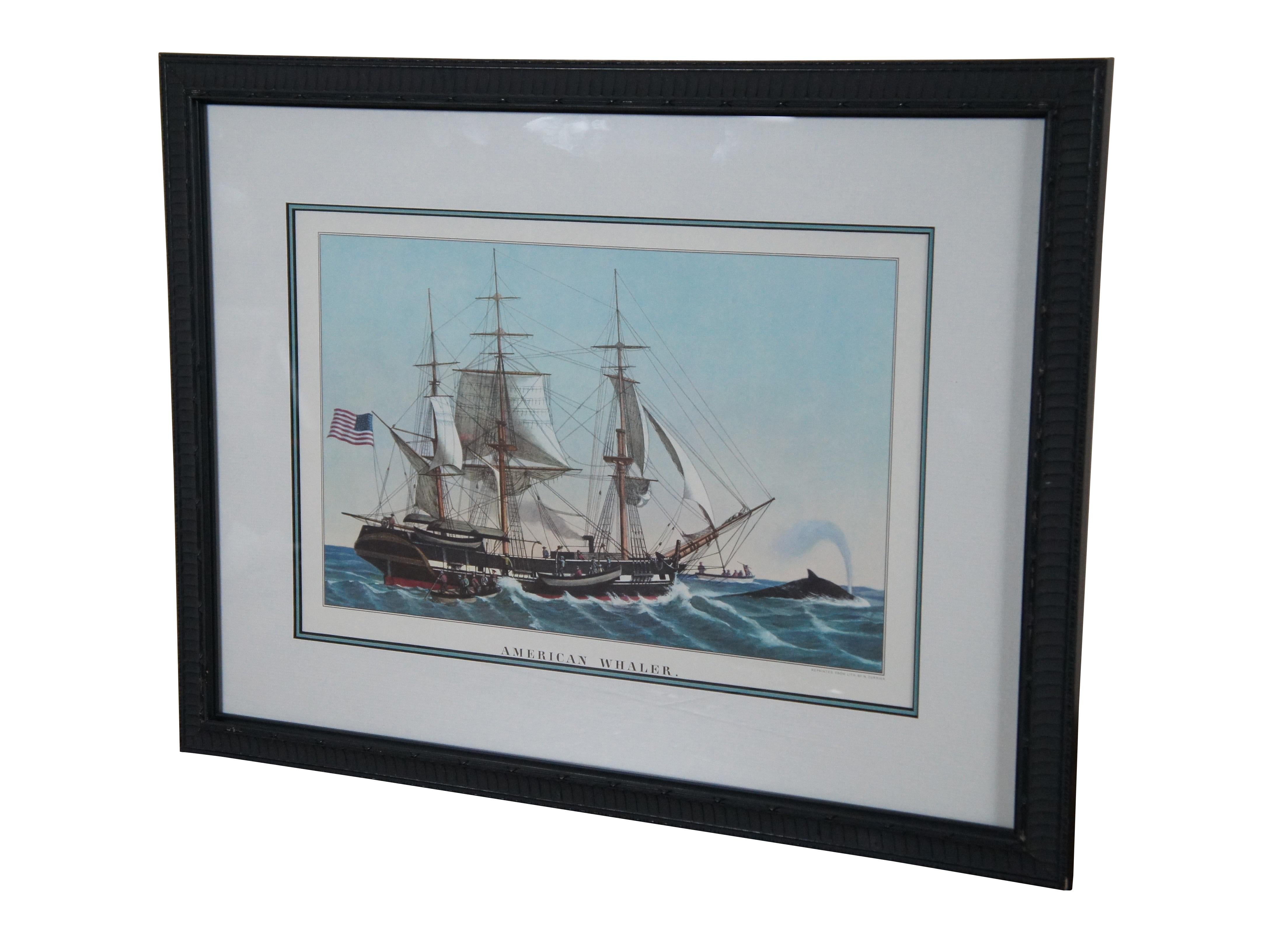 Vintage framed print of “American Whaler,” reprinted from an 1850s lithograph by Nathaniel Currier, showing an American sailing ship / galleon hunting a whale.  Professionally framed and matted.

Currier and Ives was a printmaking business in New