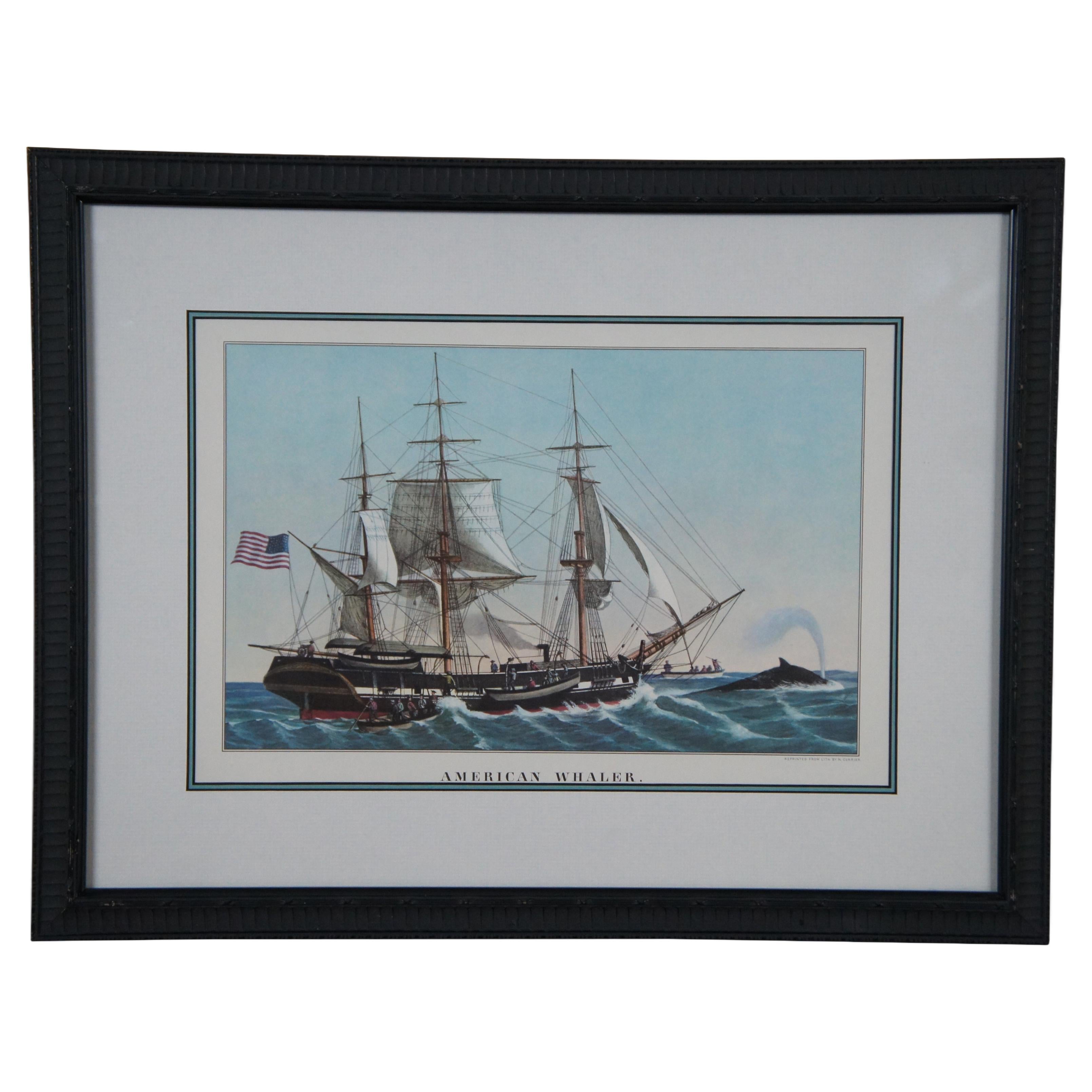 Currier & Ives American Whaler Nautical Maritime Fishing Ship Print 21" For Sale