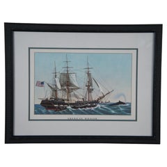 Currier & Ives American Whaler Nautical Maritime Fishing Ship Print 21"