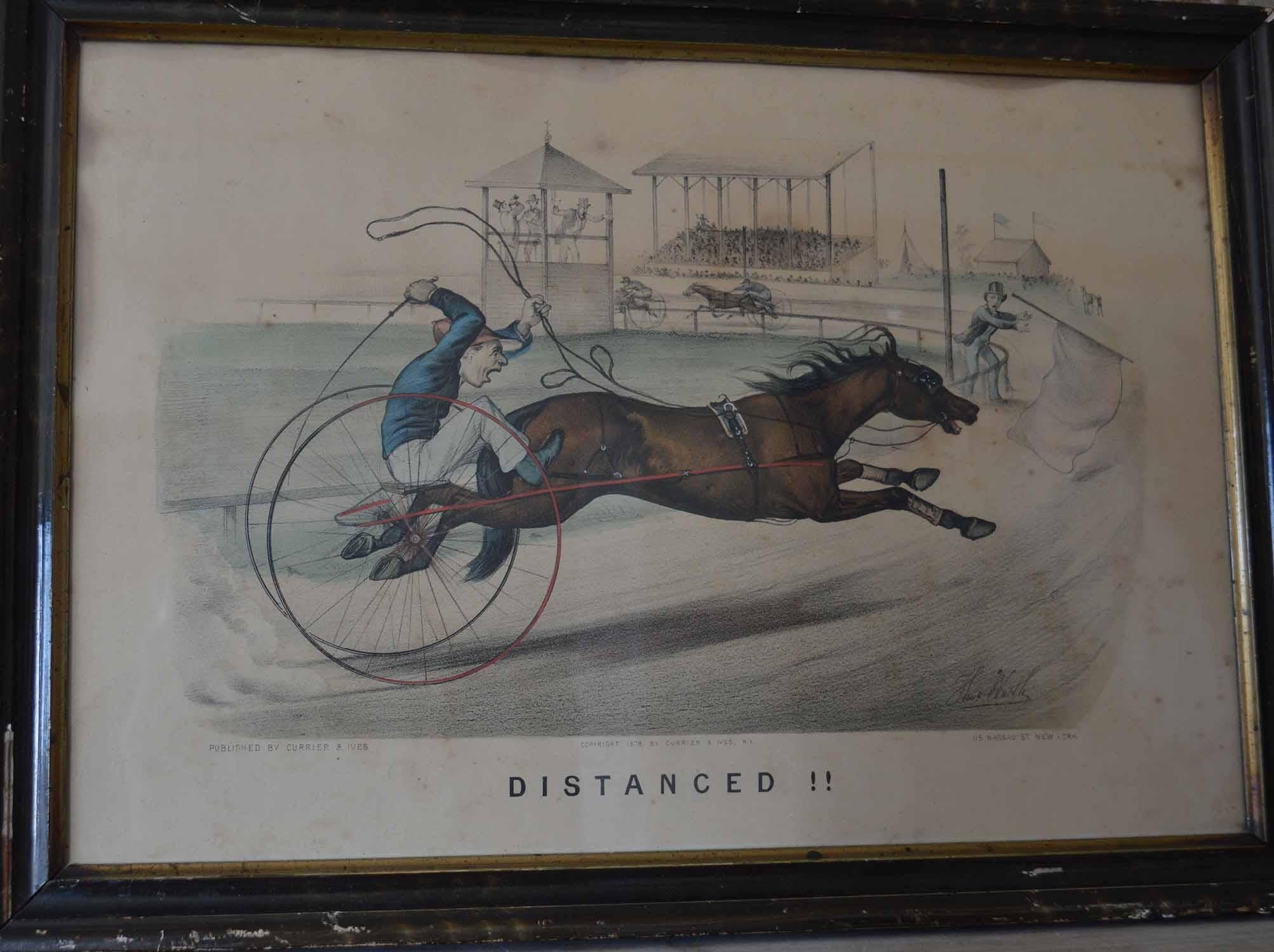 An original Currier and Ives print of a caricature of harness racing.

Titled- Distanced. Signed Thomas Worth lower right.

Hand colored lithograph. Published by Currier and Ives, New York, dated 1878.

Original lacquered gesso and gilt frame