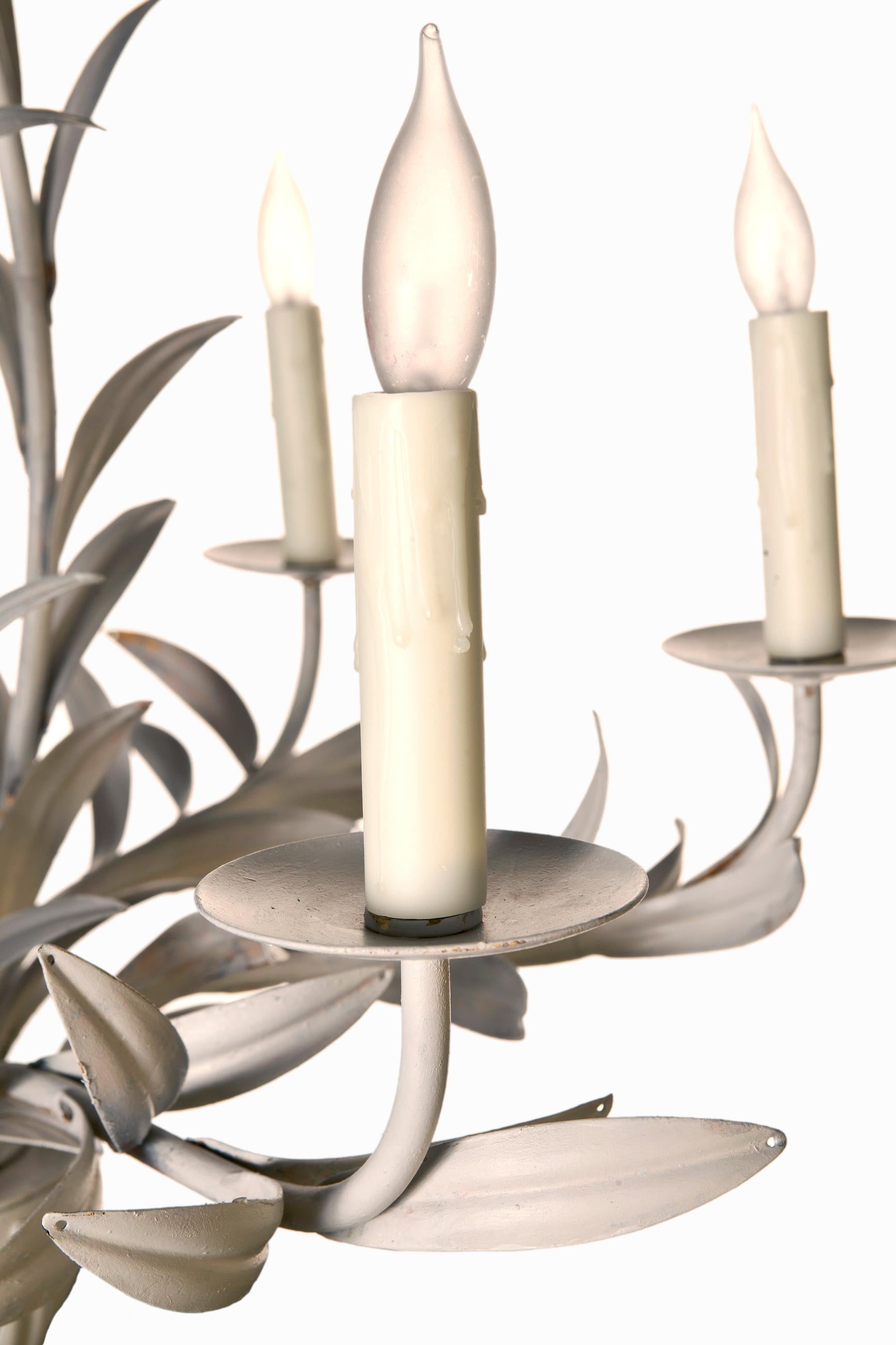 Hollywood Regency Currey Midcentury Antique White Leaf Chandelier