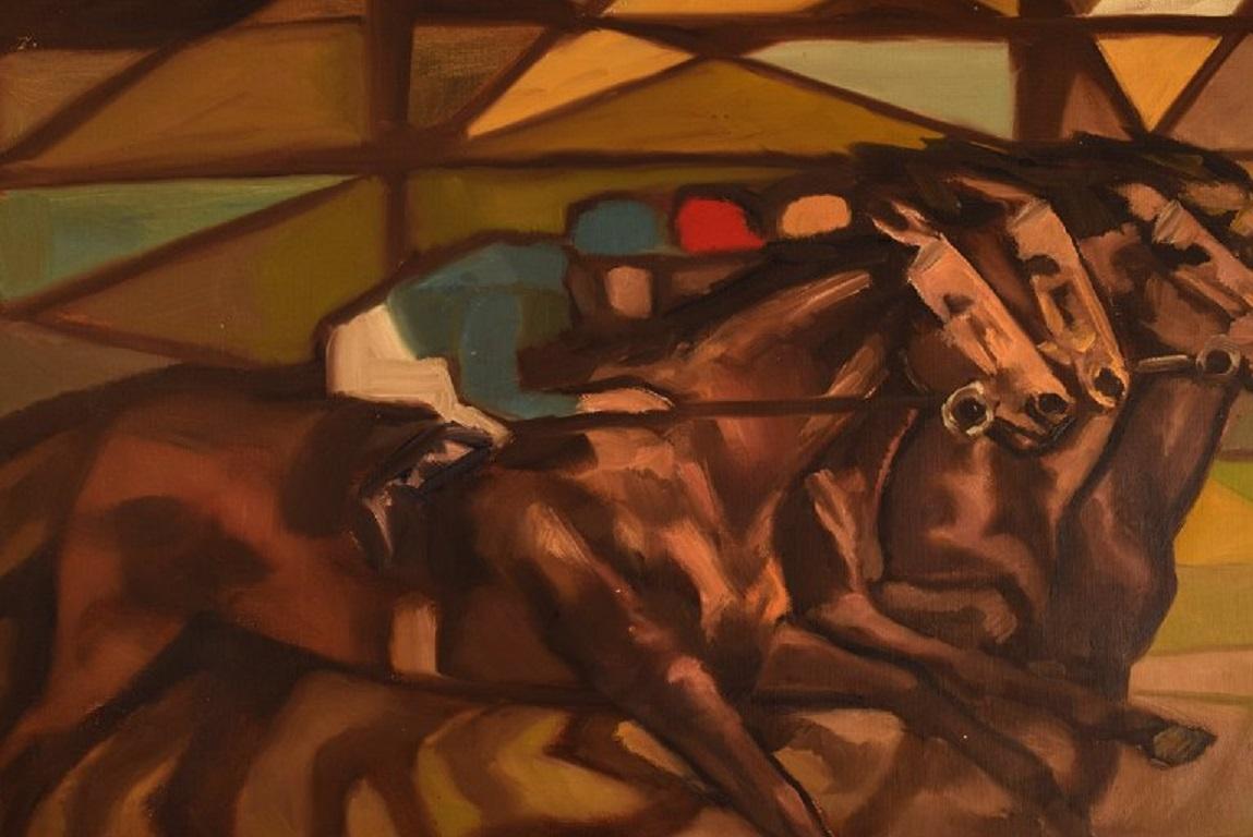 Curt Macell Listed Swedish Artist, Oil on Canvas, Jockeys on Horseback For Sale 1
