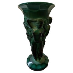 Curt Schlevogt Czech Art Deco 'Grape Harvest' green malachite pressed glass vase