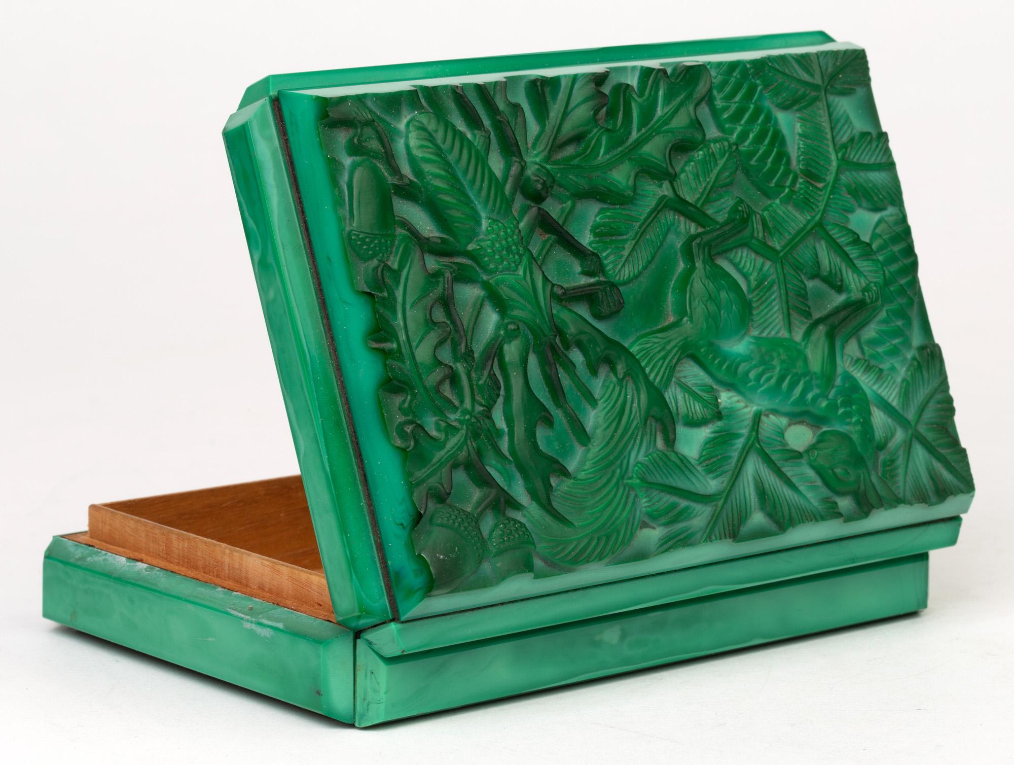 Mid-20th Century Curt Schlevogt Czech Art Deco Malachite Glass Squirrel & Stag Beetle Lidded Box