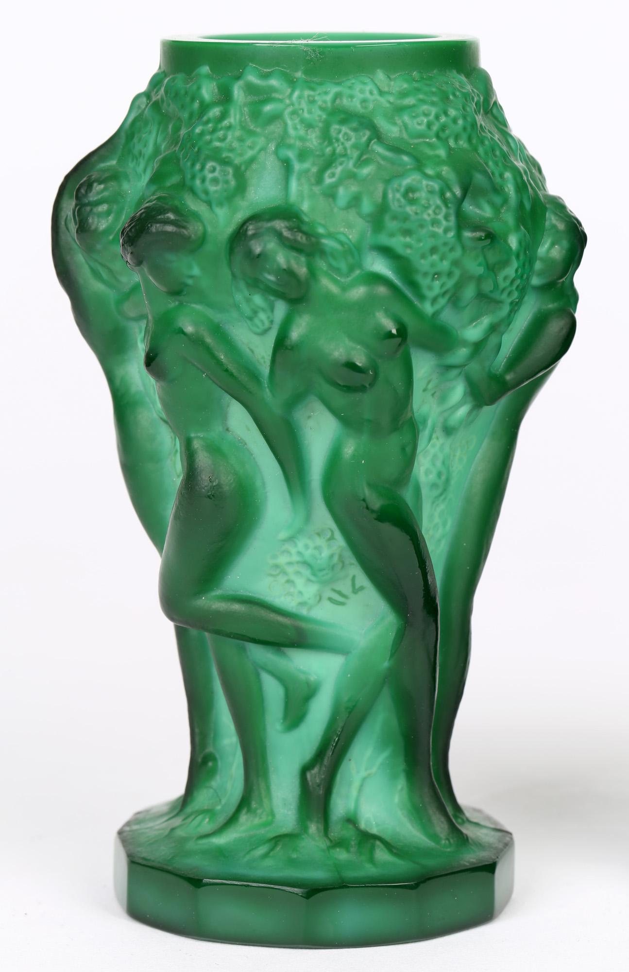 Art Glass Curt Schlevogt Pair Art Deco Green Malachite Glass Nude Grape Picker Vases