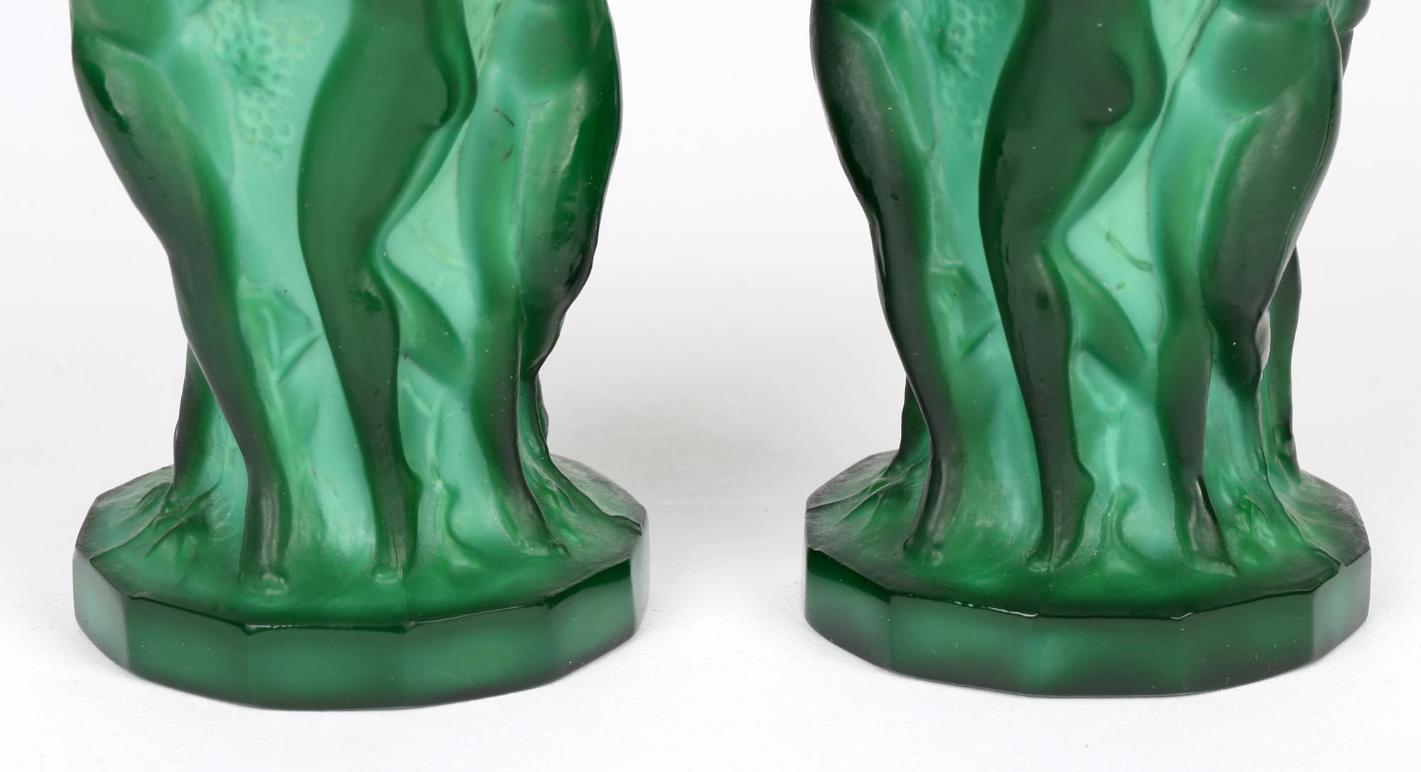 Curt Schlevogt Pair Art Deco Green Malachite Glass Nude Grape Picker Vases 2