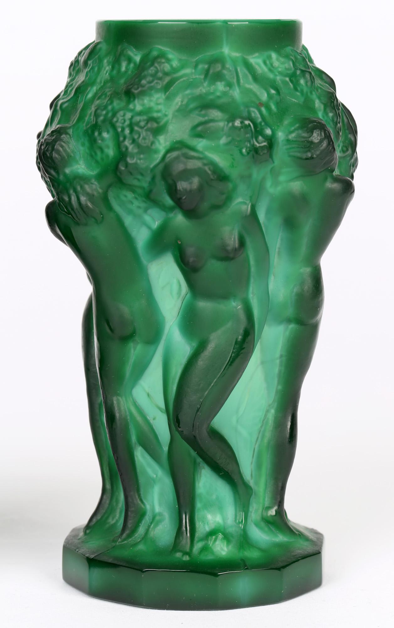 Curt Schlevogt Pair Art Deco Green Malachite Glass Nude Grape Picker Vases 3