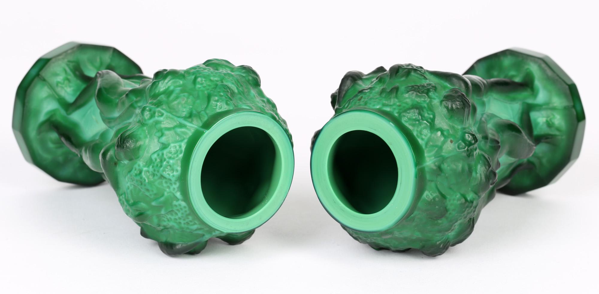 Curt Schlevogt Pair Art Deco Green Malachite Glass Nude Grape Picker Vases 4