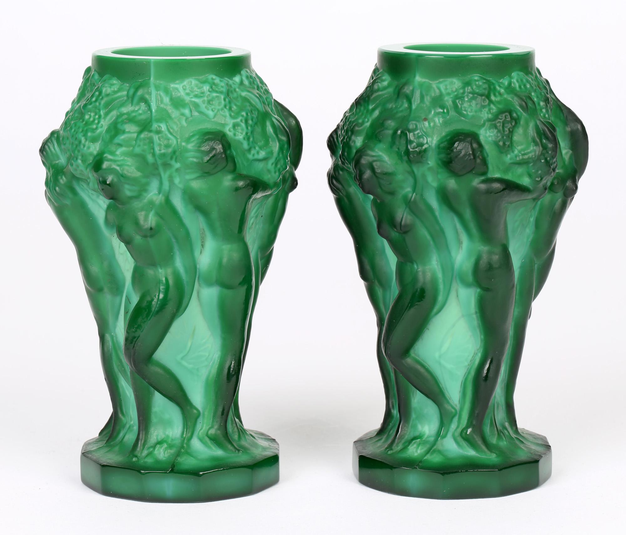 Curt Schlevogt Pair Art Deco Green Malachite Glass Nude Grape Picker Vases 5