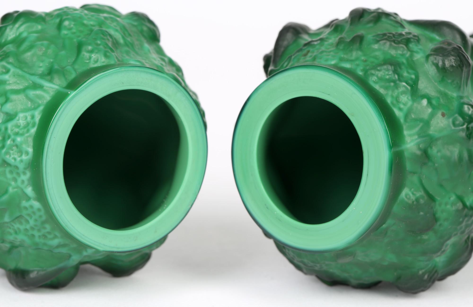 Curt Schlevogt Pair Art Deco Green Malachite Glass Nude Grape Picker Vases 6