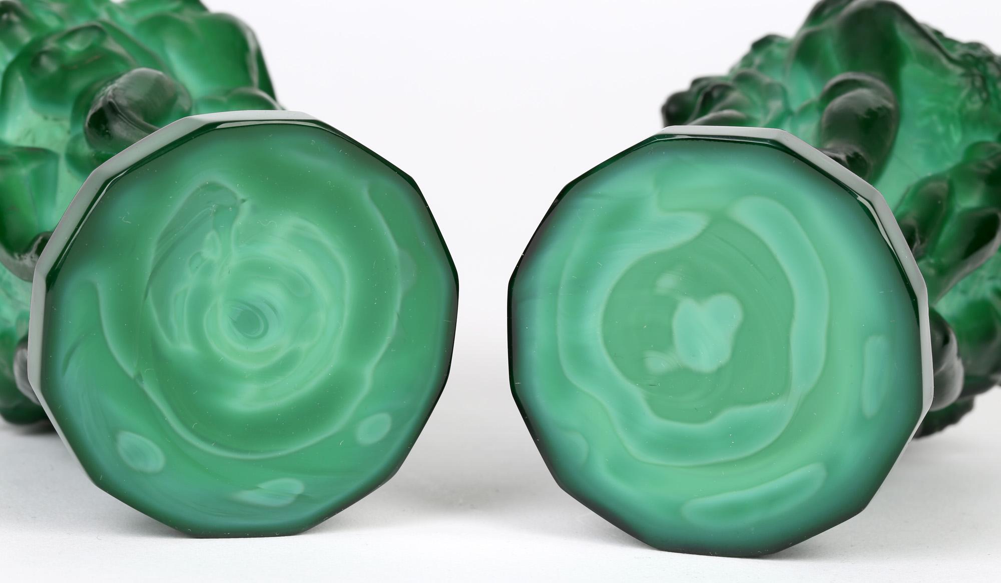 Czech Curt Schlevogt Pair Art Deco Green Malachite Glass Nude Grape Picker Vases