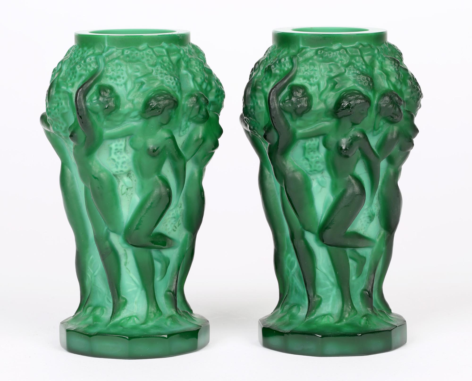 Molded Curt Schlevogt Pair Art Deco Green Malachite Glass Nude Grape Picker Vases