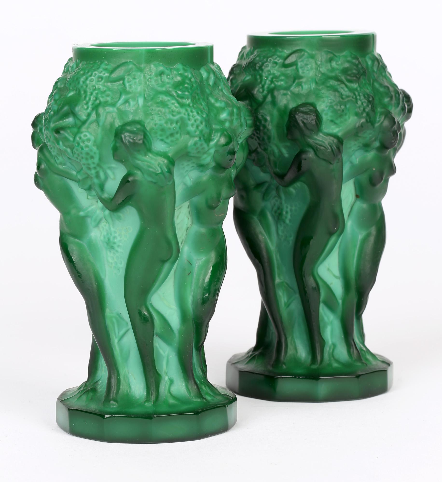 Curt Schlevogt Pair Art Deco Green Malachite Glass Nude Grape Picker Vases In Good Condition In Bishop's Stortford, Hertfordshire