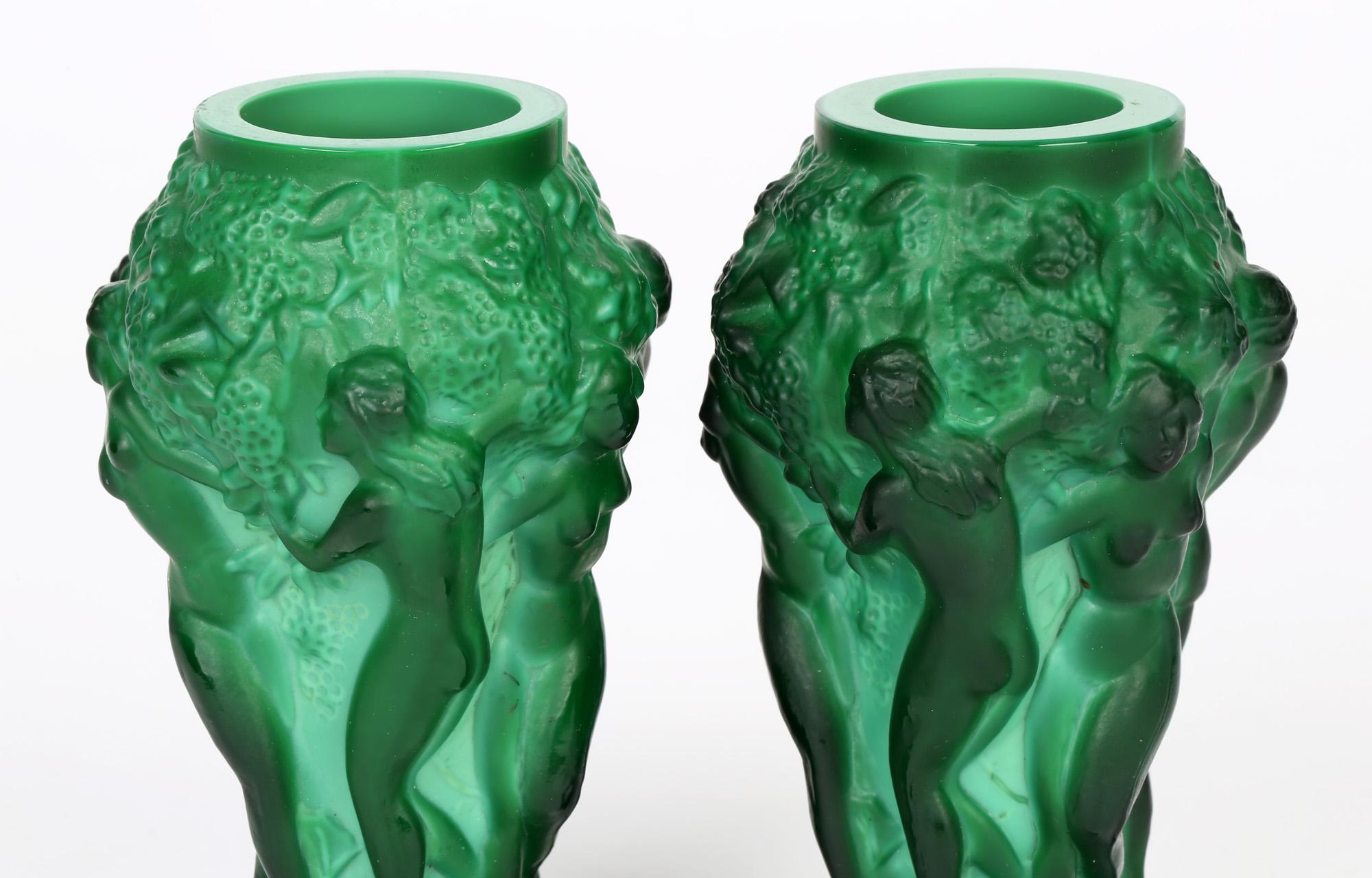 Mid-20th Century Curt Schlevogt Pair Art Deco Green Malachite Glass Nude Grape Picker Vases