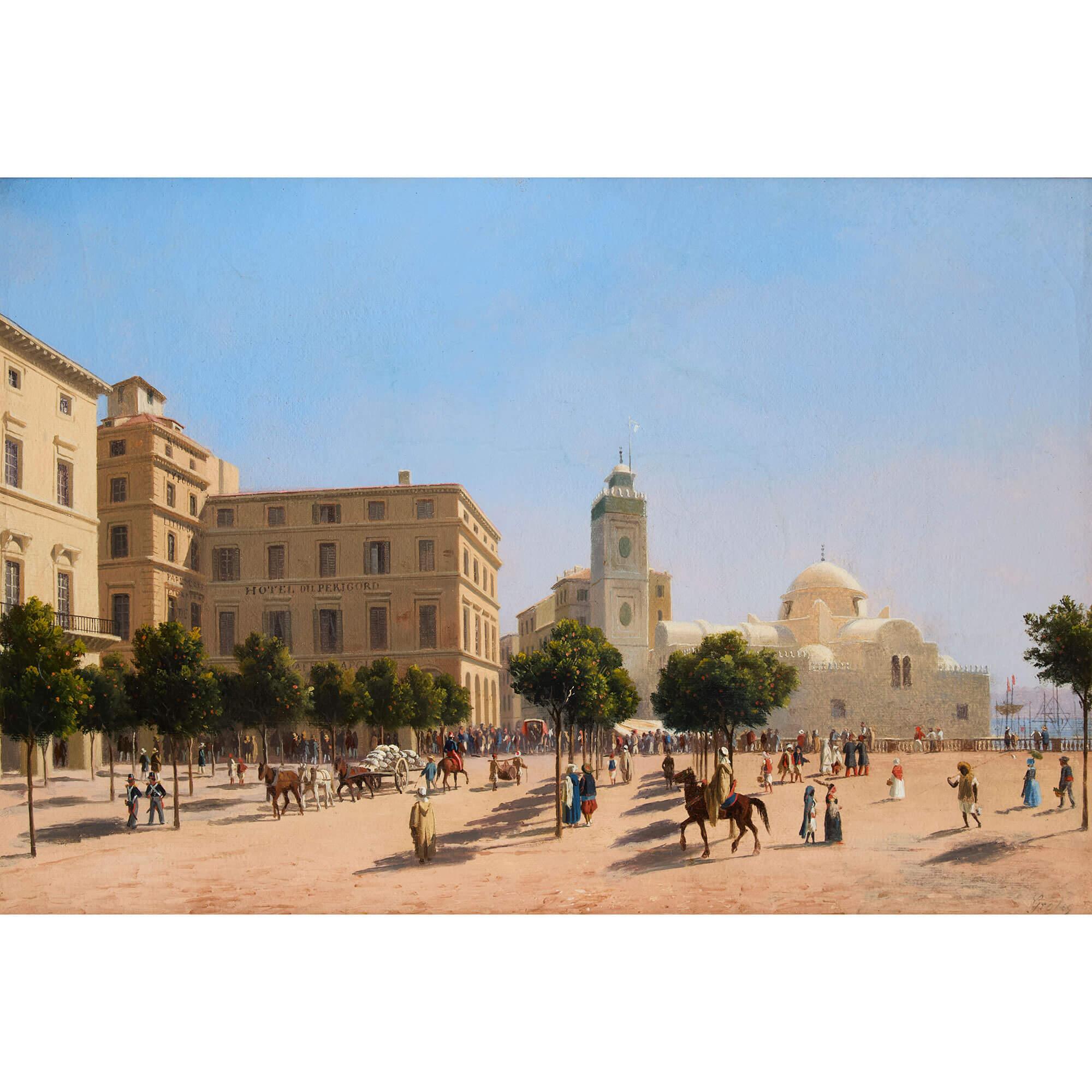 Peinture à l'huile ancienne Place du Gouvernement, Alger par Curt Grolig - Painting de Curt Victor Clemens Grolig