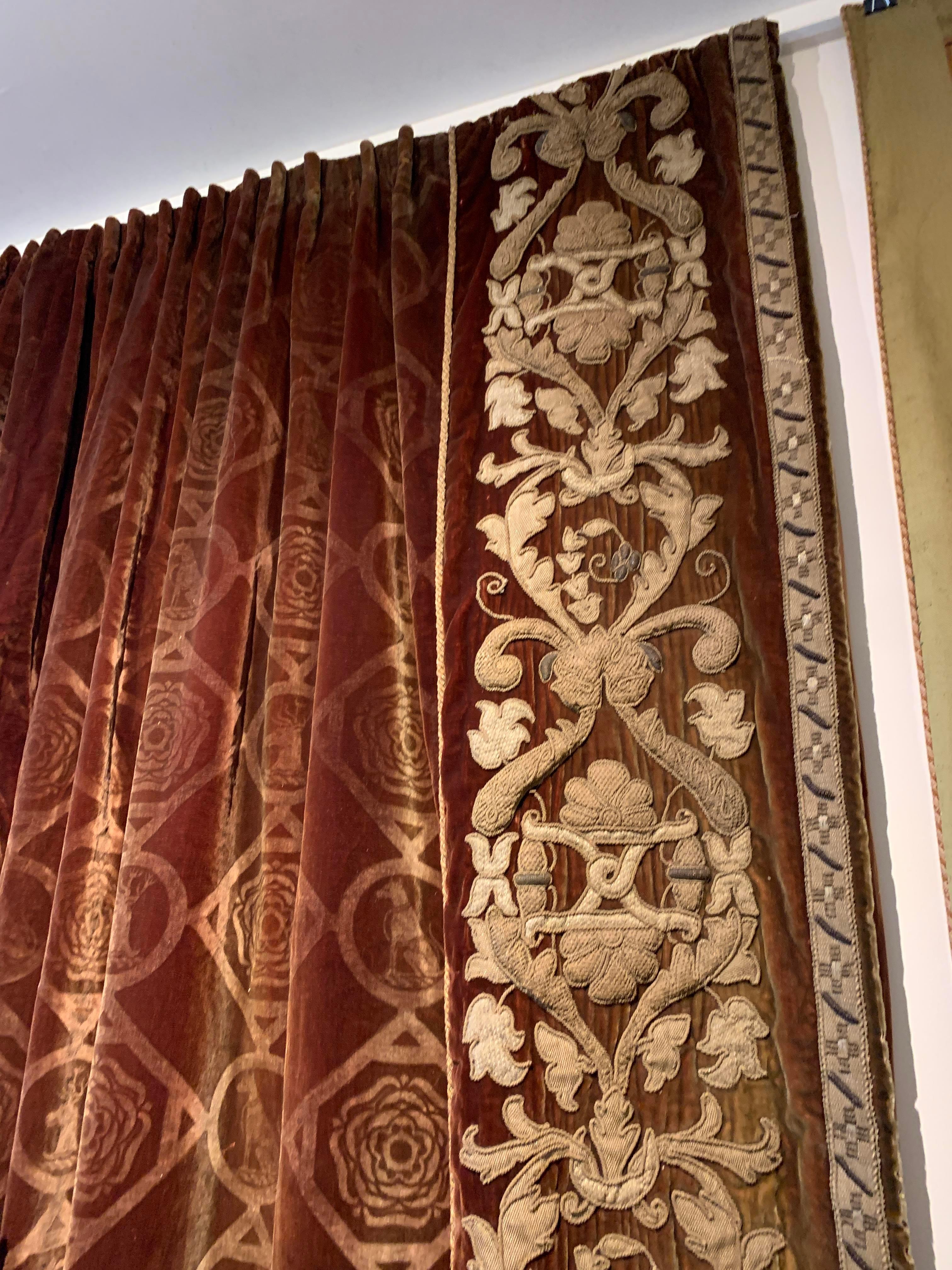 Curtains Mentmore Rust Silk Velvet Embossed Gilt Embroidered Applique Set Three For Sale 2