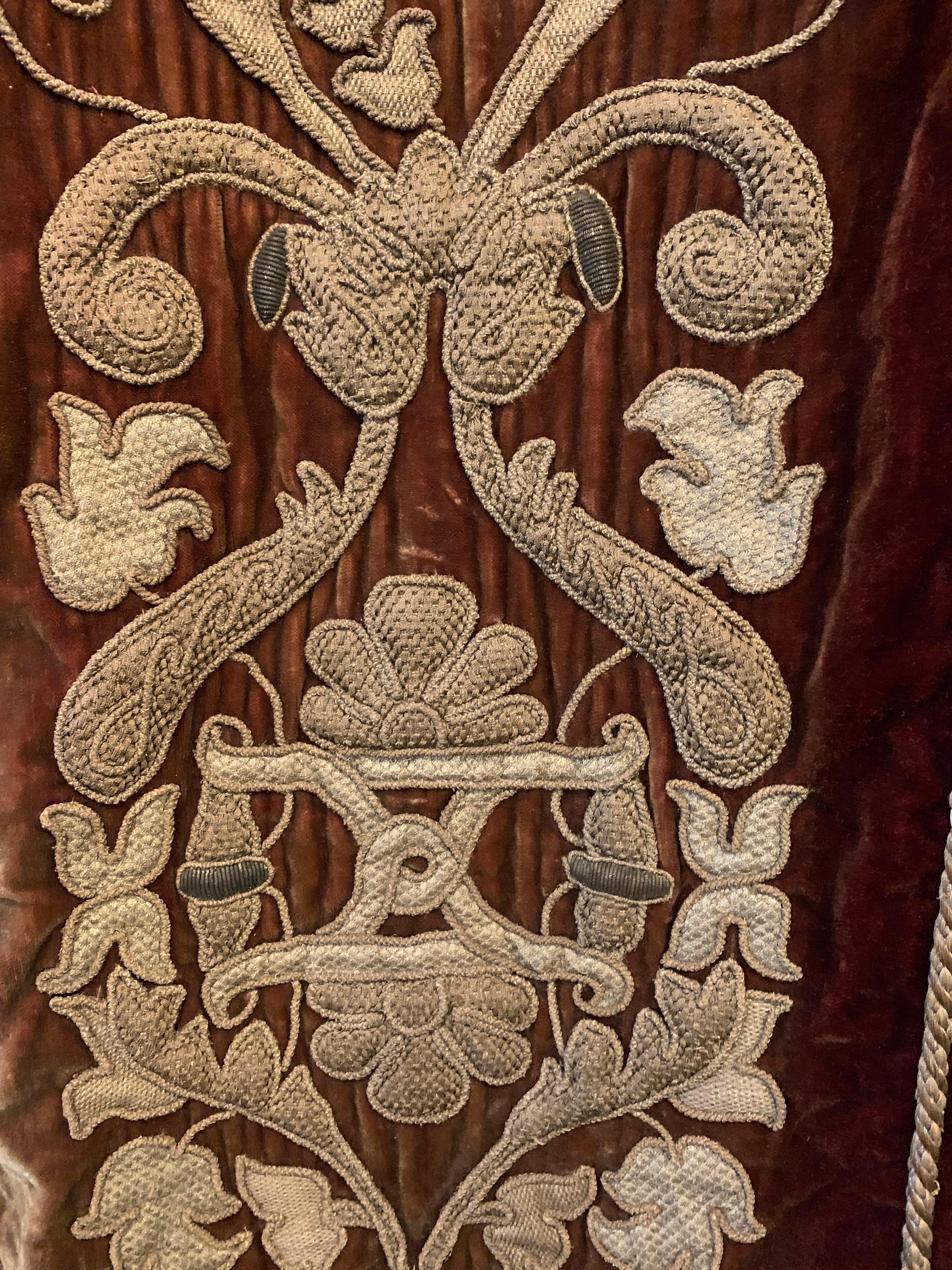 Mid-19th Century Curtains Mentmore Rust Silk Velvet Embossed Gilt Embroidered Applique Set Three For Sale