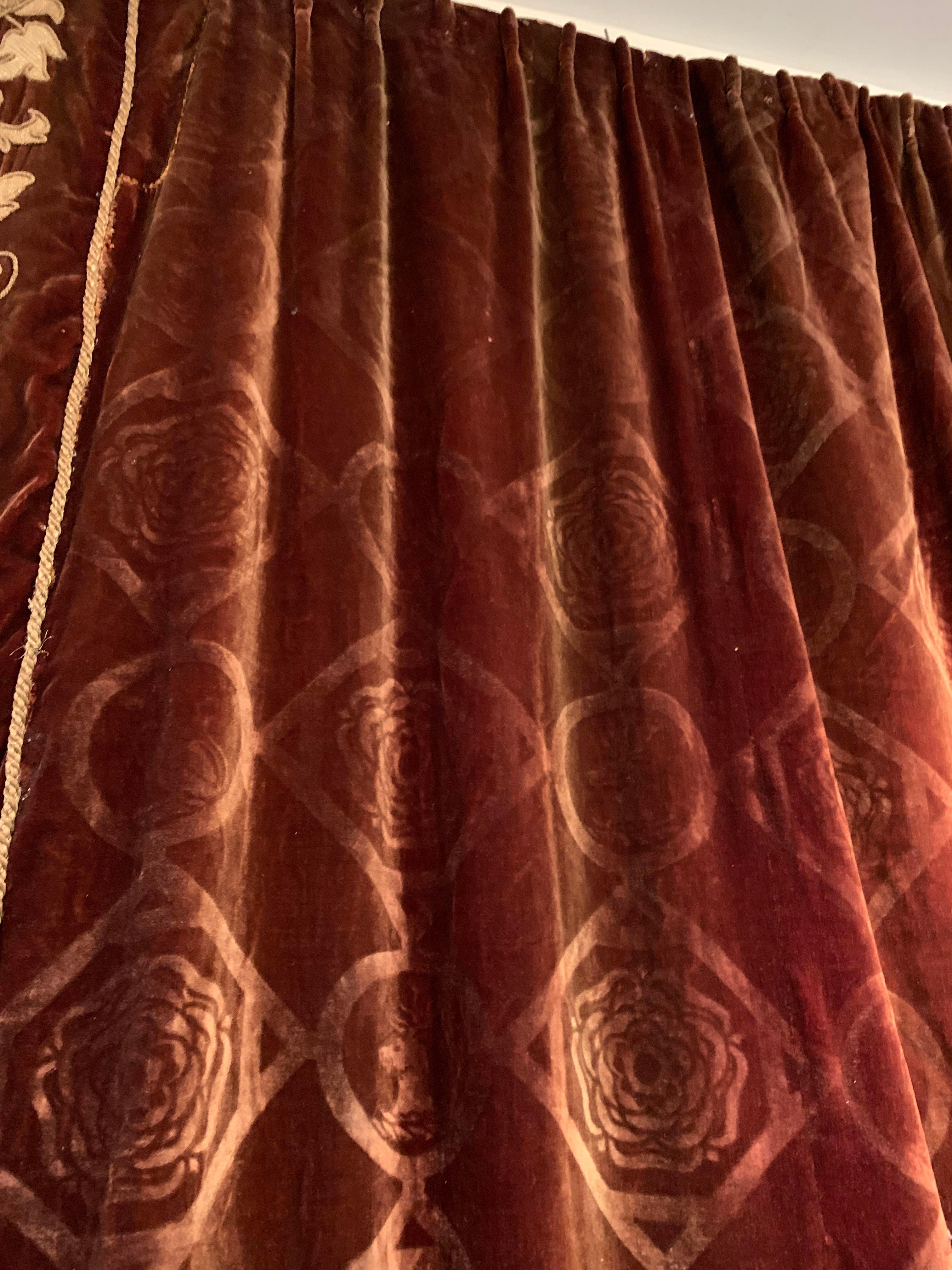 Gold Curtains Mentmore Rust Silk Velvet Embossed Gilt Embroidered Applique Set Three For Sale