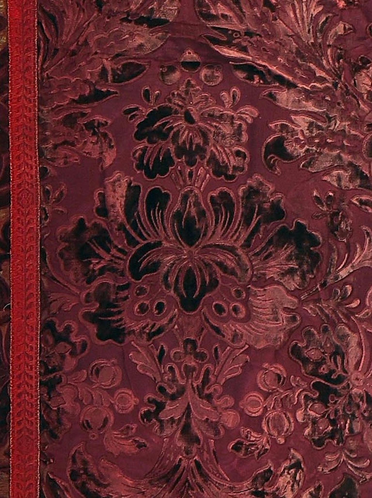 European Curtains, Set of 3, Silk Velvet, Charles II-Style, Burgundy Damask Cowdray Park For Sale
