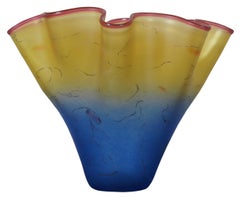 Curtis Brock Signed Freeform Ruffled Fluted Art Glass Bowl Gold Blue Yellow