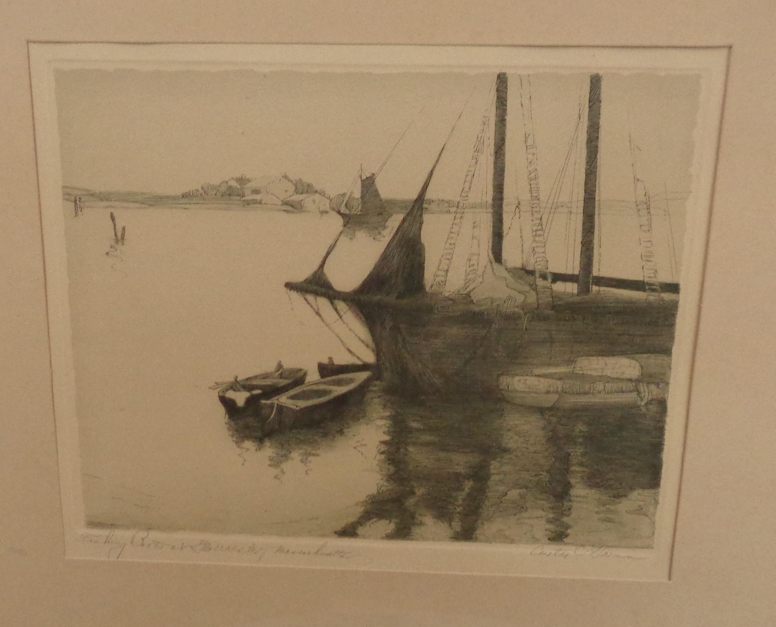 Curtis C. Harmon
(American, 20th century)
Fishing Boats at Gloucester, Massachusetts
etching
signed Curtis C. Harmon (lower right) and titled (lower left)
10 x 12 inches.
 Discoloration from age( 2nd, 5th and 6th pics are most accurate), otherwise