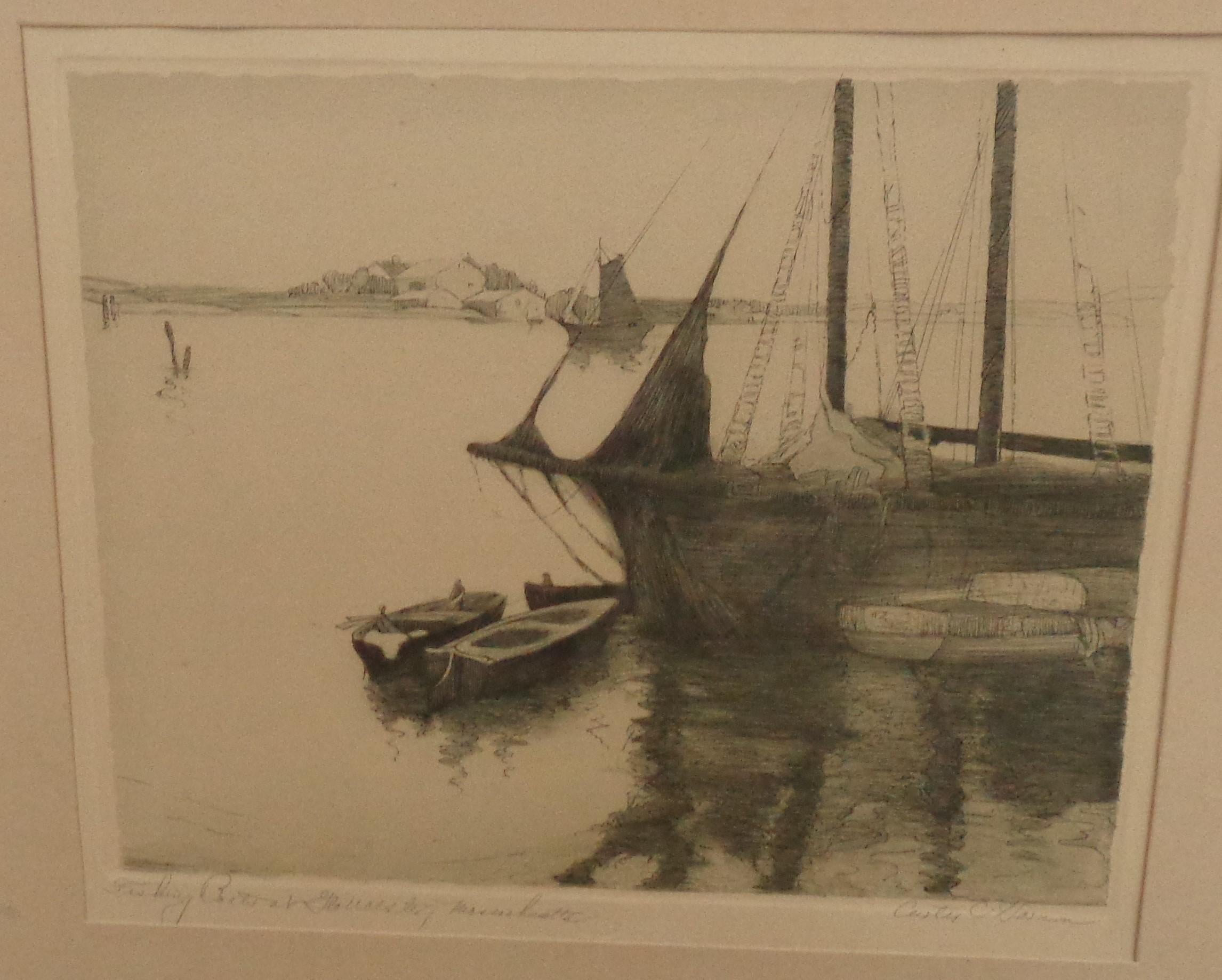 Etching by Curtis C Harmon Fishing Boats at Gloucester Mass For Sale 4