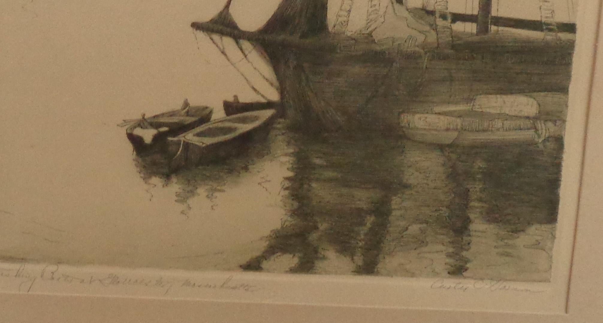 Etching by Curtis C Harmon Fishing Boats at Gloucester Mass For Sale 4