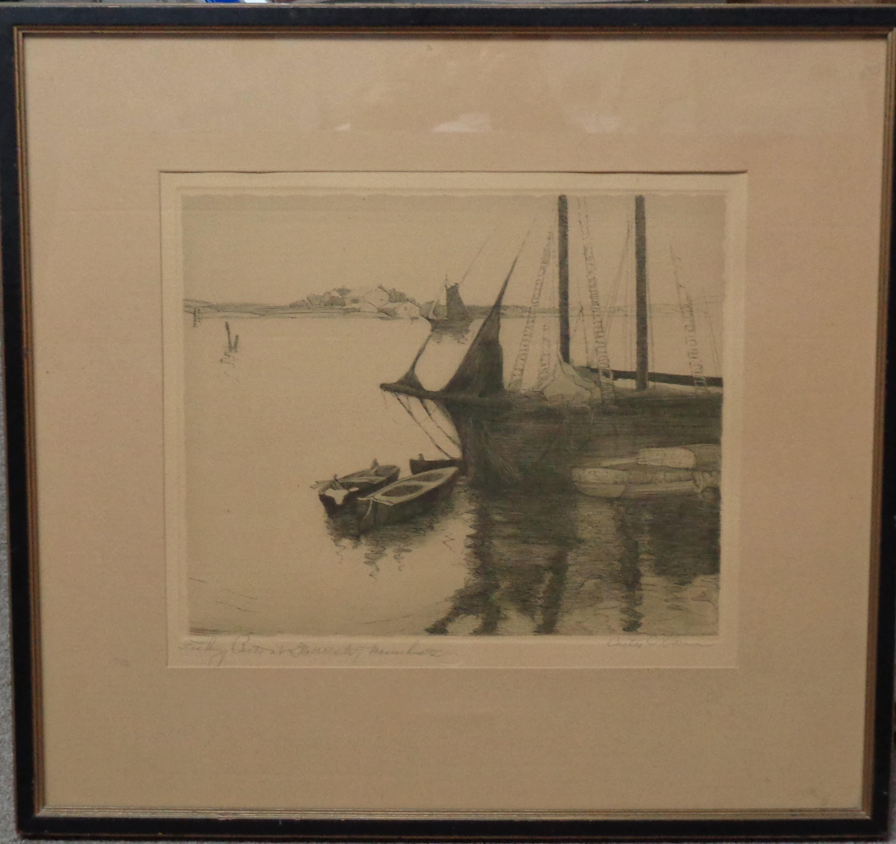 Etching by Curtis C Harmon Fishing Boats at Gloucester Mass